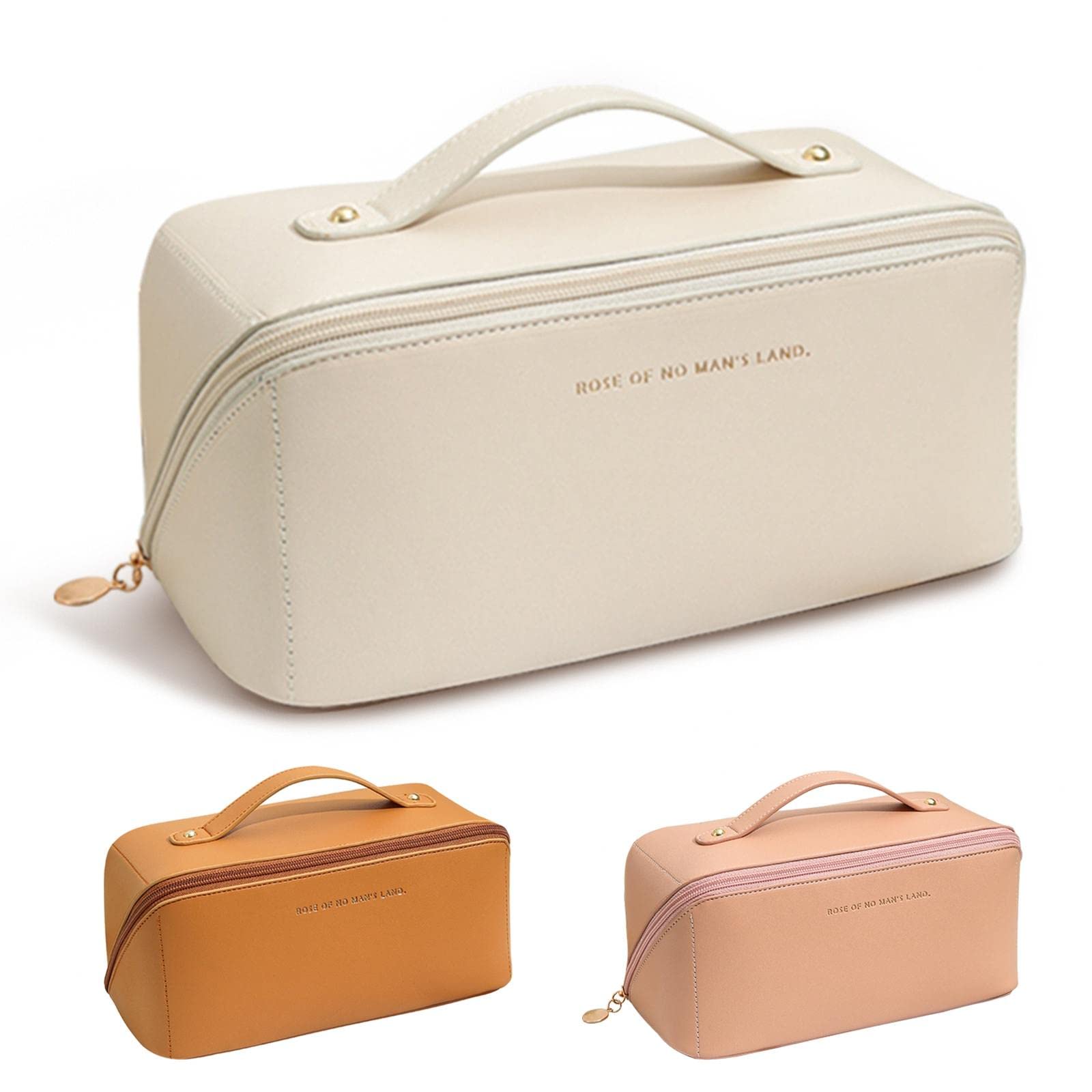 Portable Makeup Bag - Large Capacity Travel Cosmetic Organizer, Waterproof PU Leather Double Layer Cosmetic Case for Women | Perfect for Skincare Kits, Cosmetics & Toiletries | Ideal for Travel, Gym & Daily Use (White)