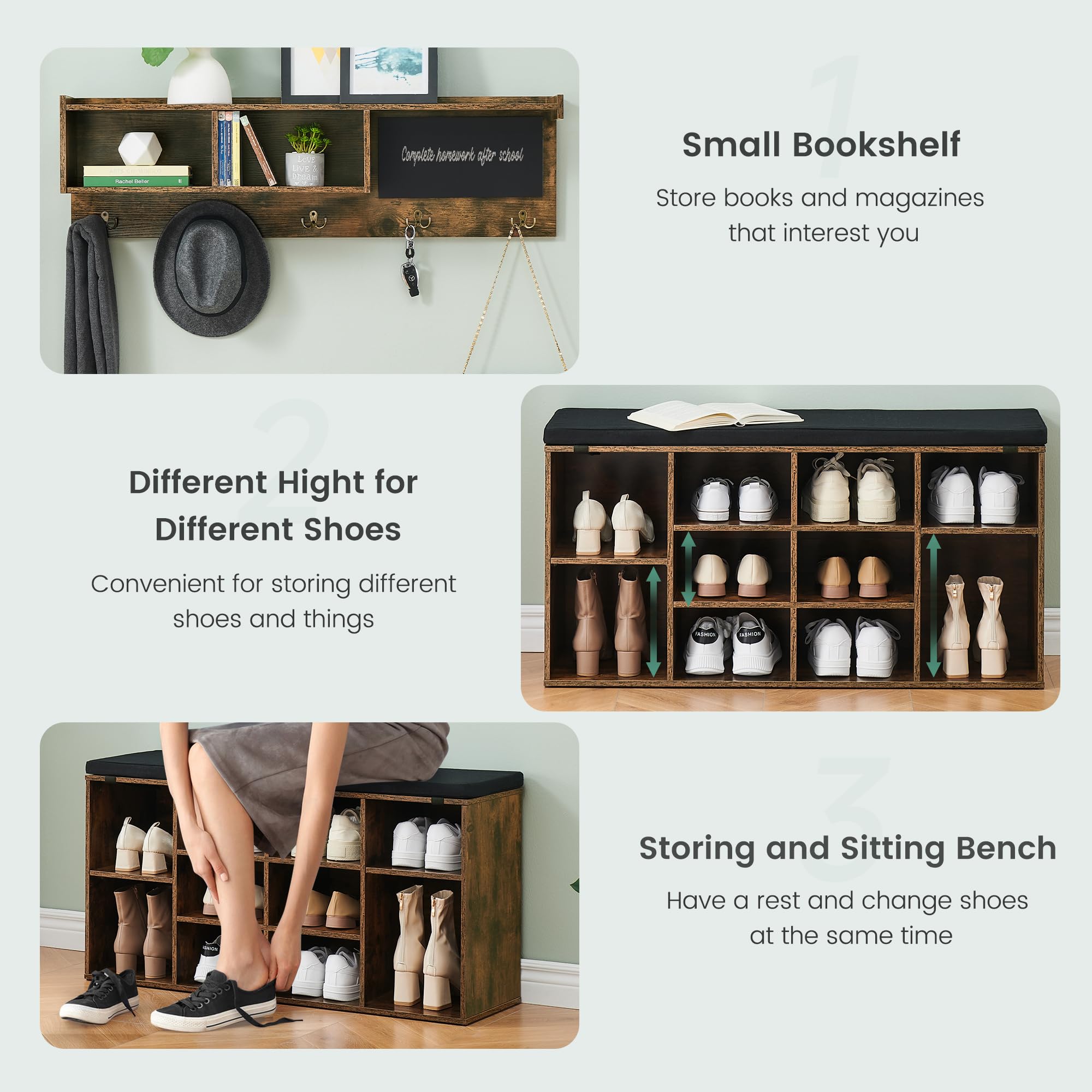 IDEALHOUSE 6-in-1 Industrial Hall Tree with Shoe Bench - Entryway Organizer with 5 Hooks, 12 Storage Cubbies, Bookshelf & Chalkboard - Perfect for Entryway, Hallway & Living Room (Brown, 41 inch) - Ideal for Small Space Organization & Home Decor
