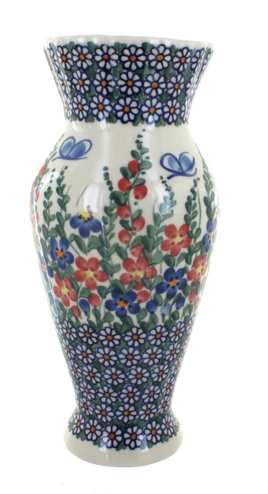 Blue Rose Polish Pottery Garden Butterfly Tall Vase - Handmade Ceramic Flower Vase for Home Decor, Wedding Centerpiece & Outdoor Garden Decor