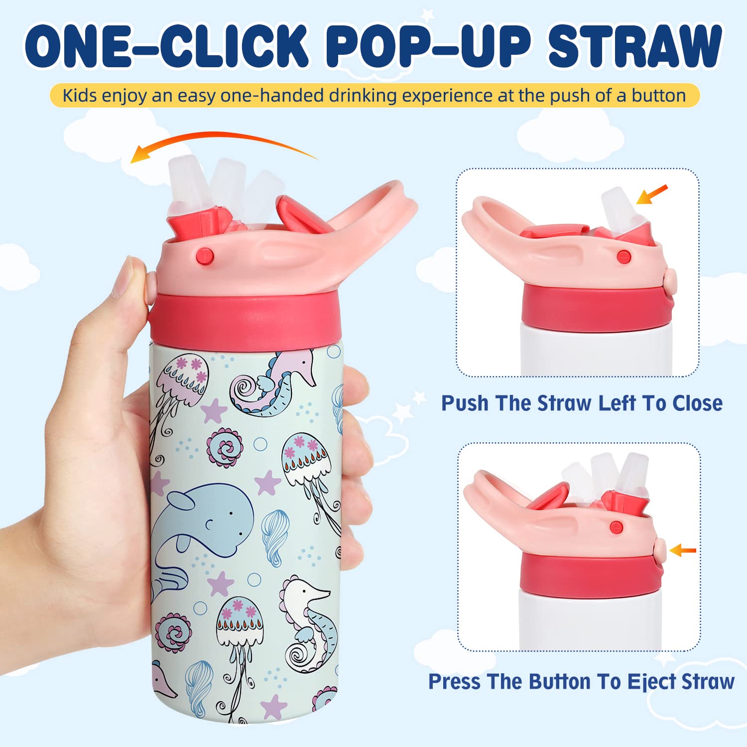 Mocaru 12oz Stainless Steel Kids Sippy Cup with Leak-Proof Straw Lid - Insulated Toddler Water Bottle with Handle - 8 Pack Sublimation Ready Tumbler Cups for Daycare, School & Outdoor Activities
