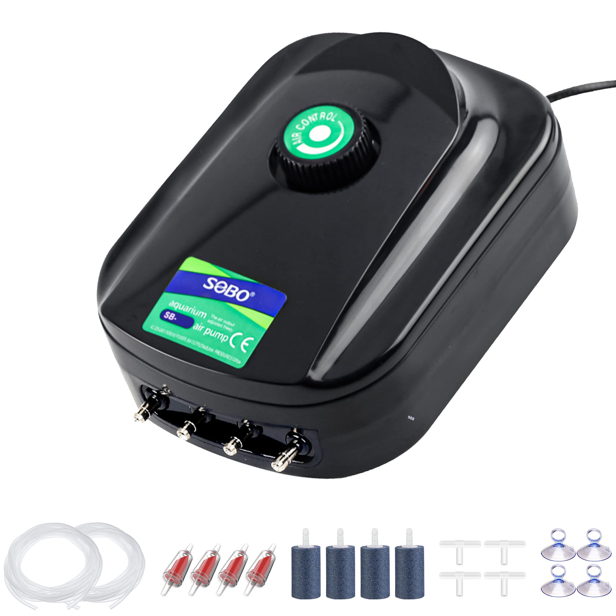 SUNWEN Ultra Silent Aquarium Air Pump - Fish Tank Oxygen Pump with Air Stone, Check Valves & Tubing for Freshwater & Saltwater Tanks - Perfect for Home, Office & Aquarium Decor