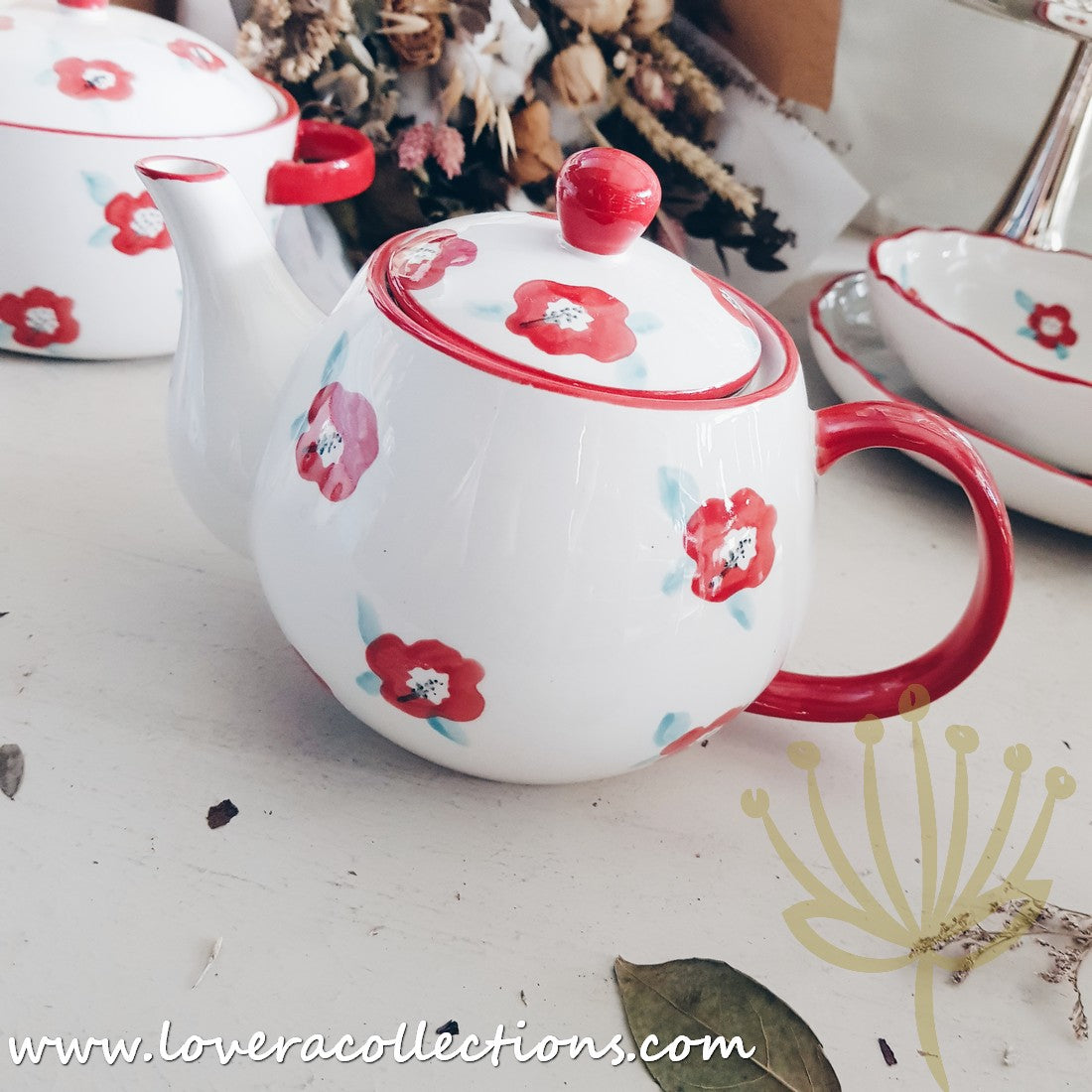 Handmade Red Floral Ceramic Teapot - 70% Off Clearance Sale | Perfect for Afternoon Tea, Gifts & Home Decor