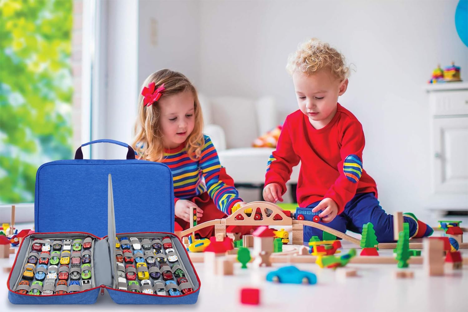 KISLANE Blue Toy Car Storage Case - Holds 48 Toy Cars, Durable Kids Travel Organizer for Boys & Girls - Perfect for Playroom, Travel, and Birthday Gifts