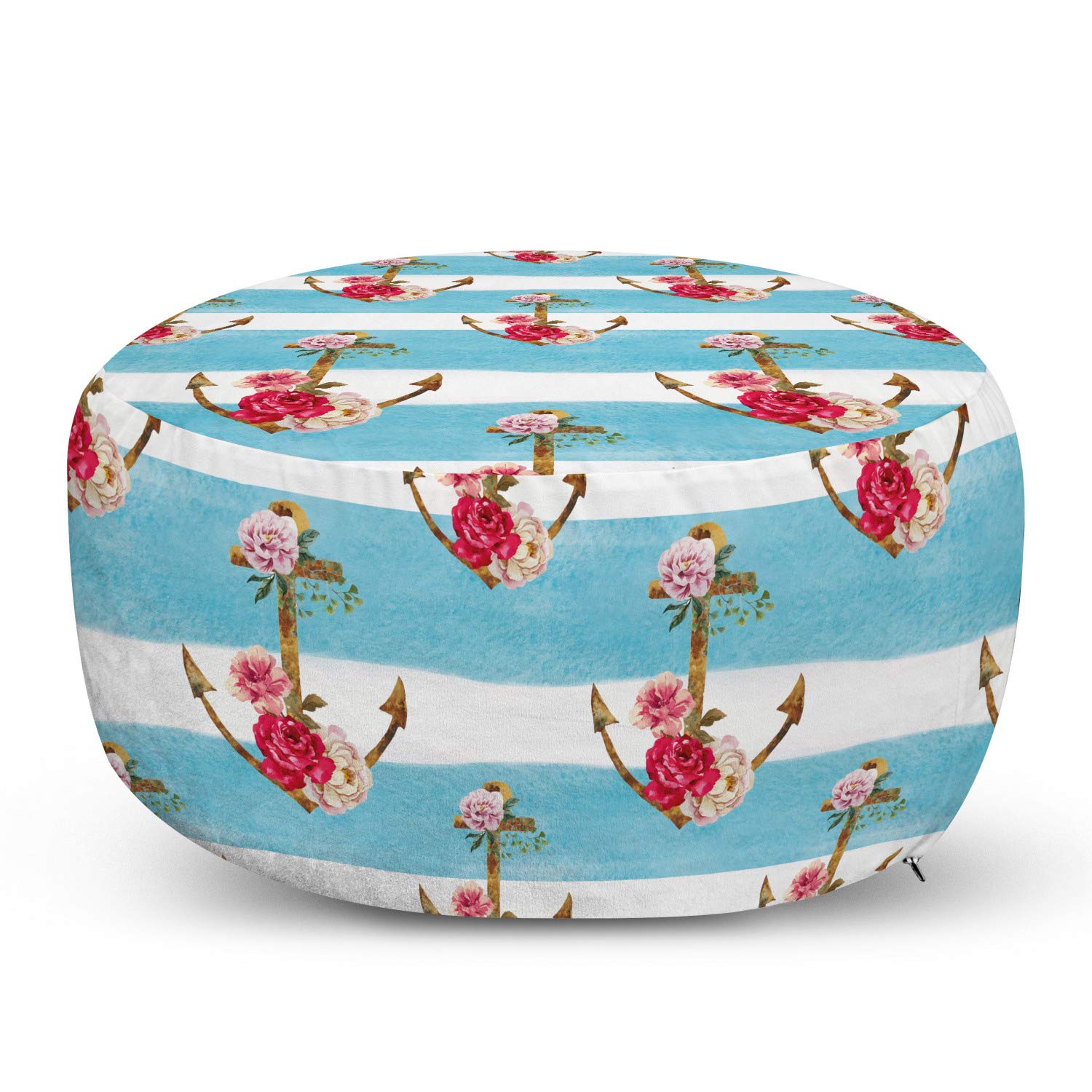 Ambesonne Shabby Floral Ottoman Pouf with Romantic Peonies & Roses Watercolor Design, Nautical Stripes - Soft Foot Rest with Removable Cover for Living Room & Bedroom - Perfect for Home Decor, Lounge Seating, and Extra Guest Seating | Multicolor