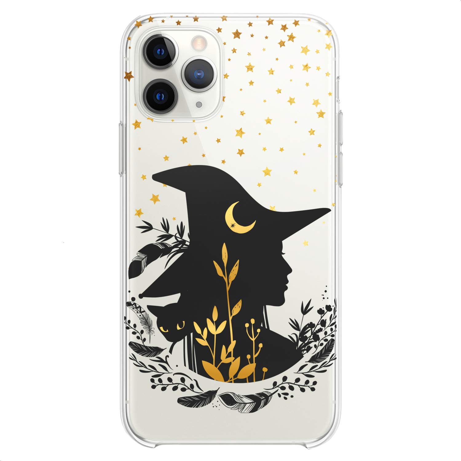 Bohemian Witch Clear Night TPU Phone Case for iPhone 16/15/14/13/12/11 Pro Max/Plus/Mini/XS/XR/X/8+/7/6/5/SE - Magical Cute Slim Golden Stars & Black Cat Design Flexible Silicone Cover | Perfect for Women's Fashion, Daily Protection & Gift Giving