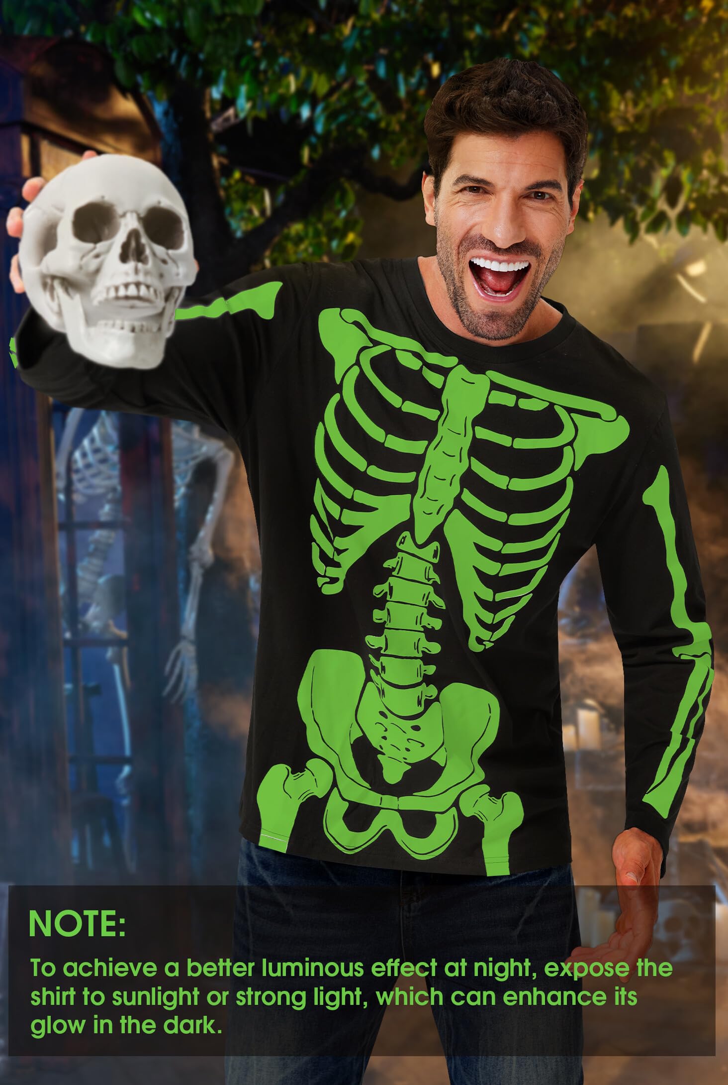 Arvilhill Men's Halloween T-Shirt - Jack O' Lantern Skeleton Design Long Sleeve Shirt | Glow in The Dark | Sizes S-3XL | Perfect for Halloween Parties, Costume Events & Spooky Night Outfits