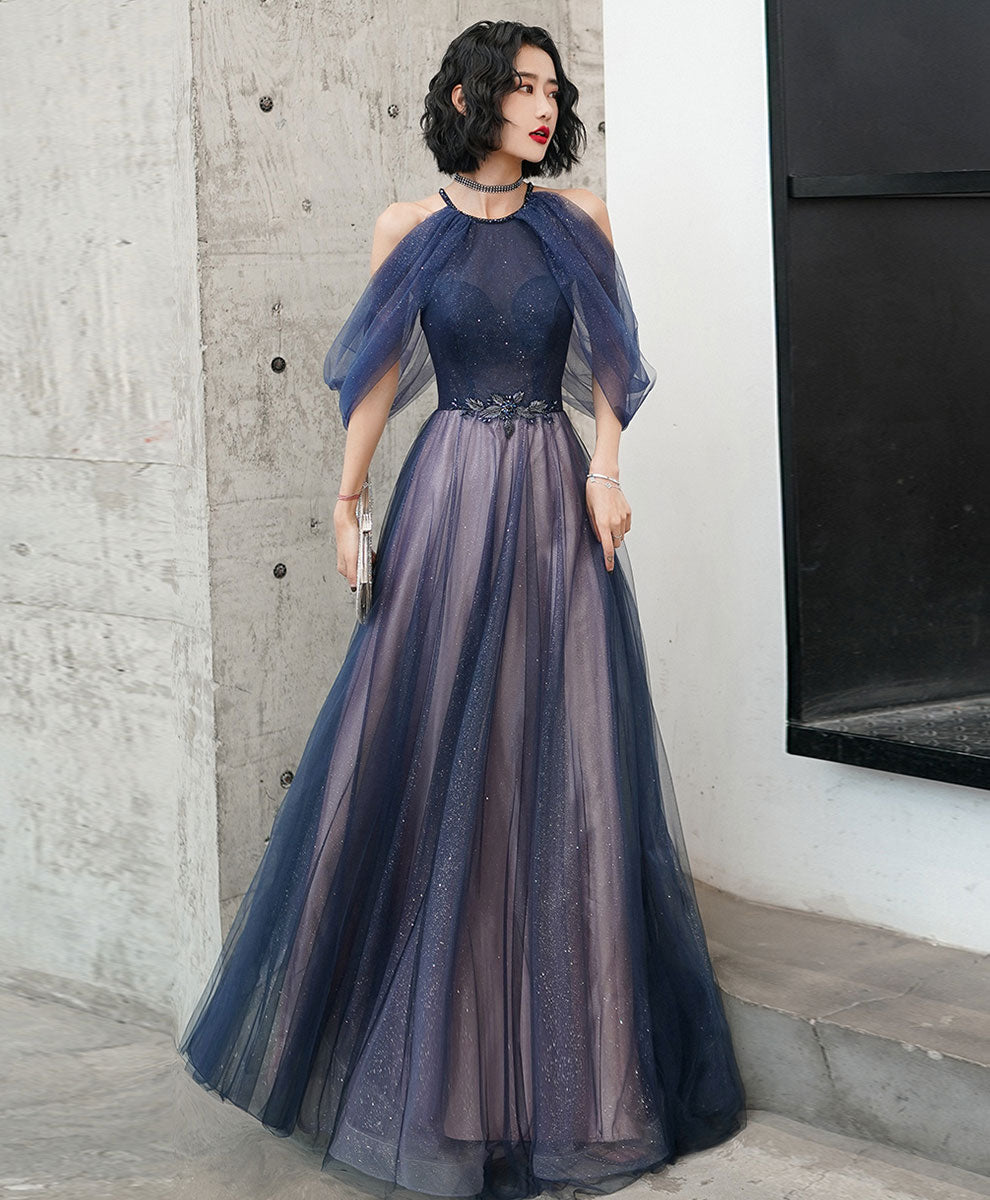 Elegant Blue Tulle Sequin Long Prom Dress for Women - Sparkling Evening Gown for Homecoming, Ball, and Formal Events