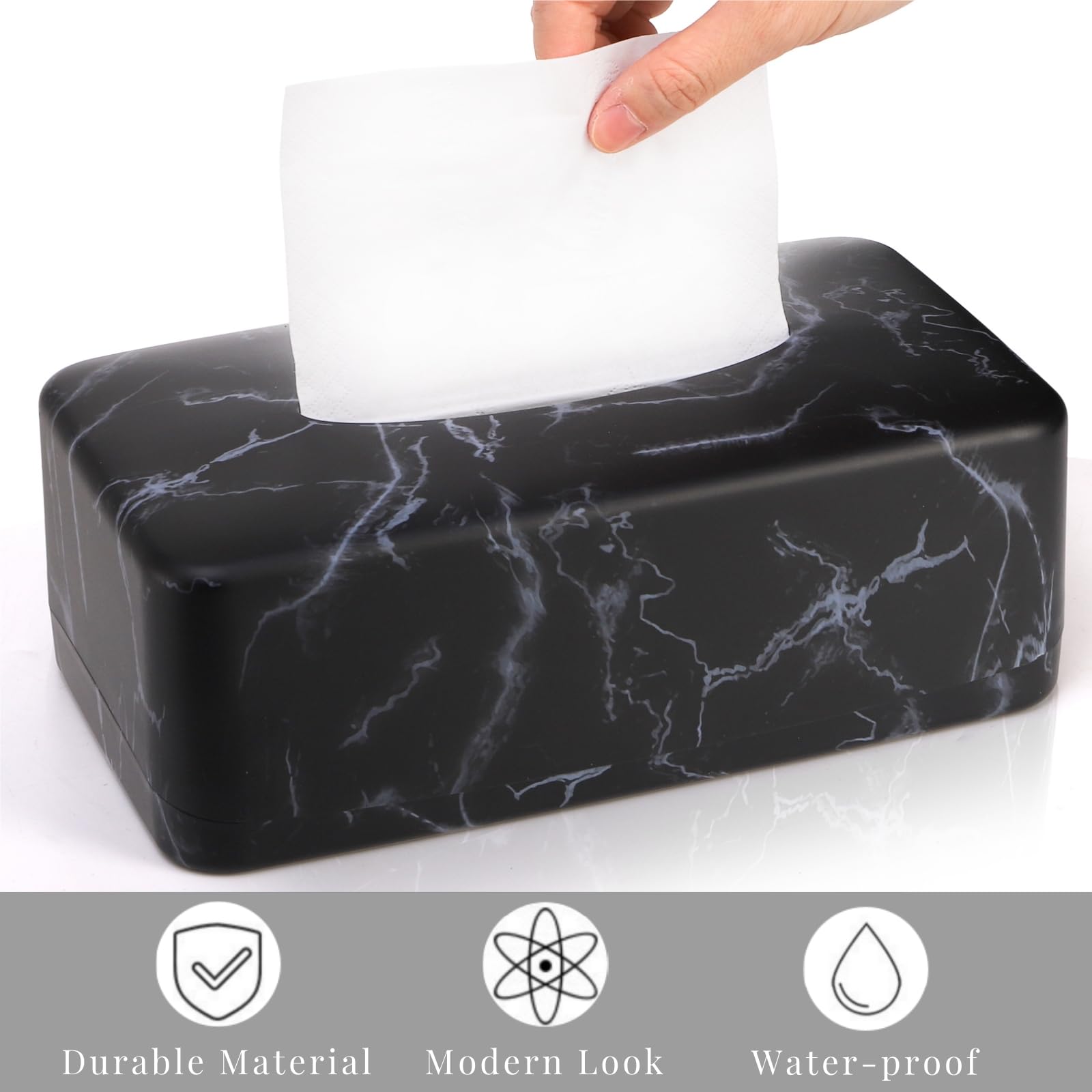 Black Faux Marble Tissue Box Cover - Rectangular Napkin Dispenser Holder for Facial Tissues, Dryer Sheets & Towels | Bathroom, Bedroom, Kitchen & Car Organization | Modern Home & Office Decor