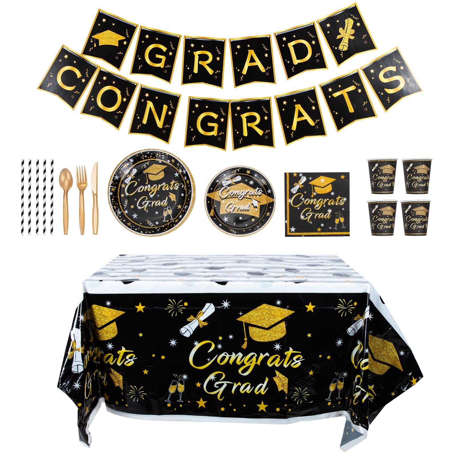 LUOZZY Graduation Dinnerware Set - 24-Piece Party Supplies Kit with Plates, Napkins, Cups & Banner for Graduation Celebrations - Perfect for Graduation Party Decorations & College Send-Off Events