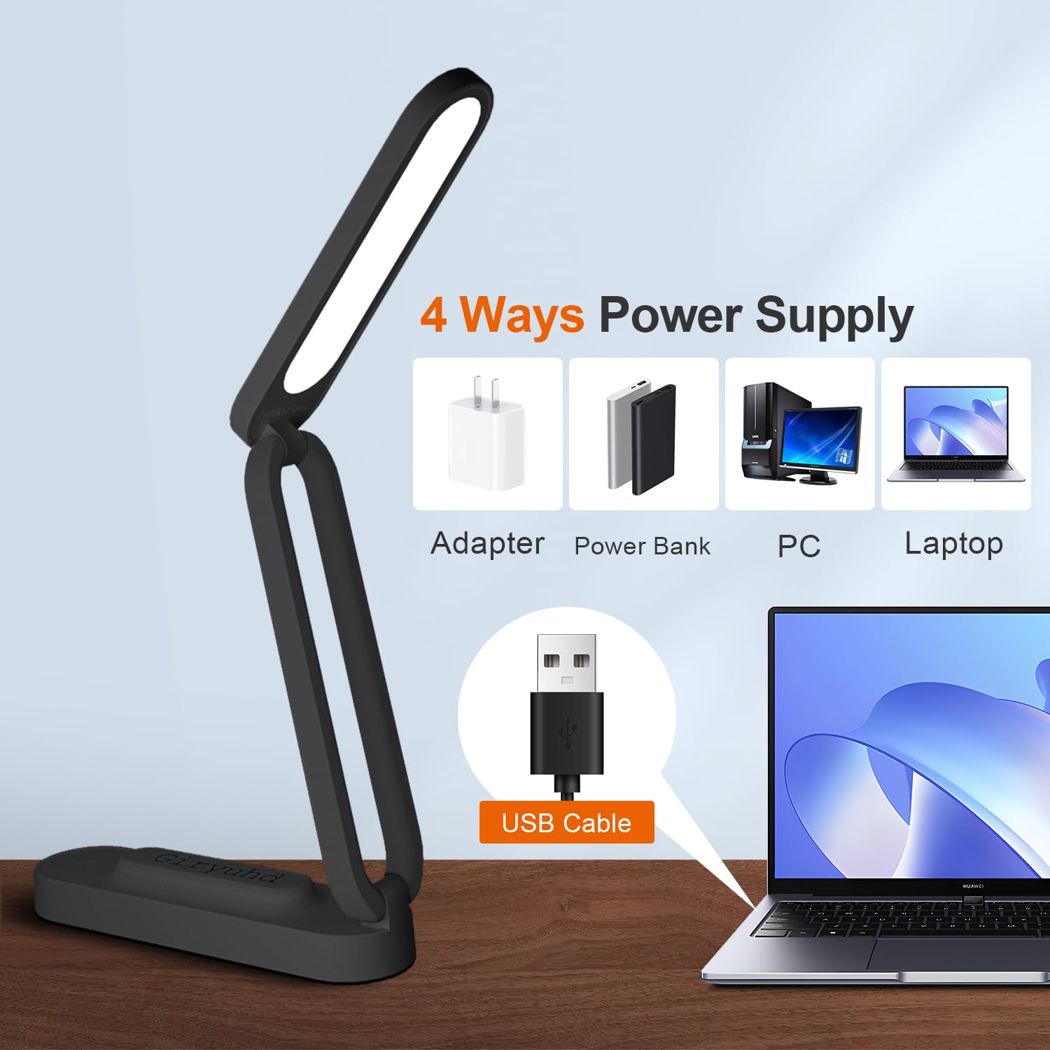 Rechargeable LED Desk Lamp with 3 Brightness Levels - Foldable & Portable Battery-Operated Light for Office, Home, Reading - Wireless Small Desk Light Strip (Black) | Perfect for Study, Work, Nightstand & Travel Use
