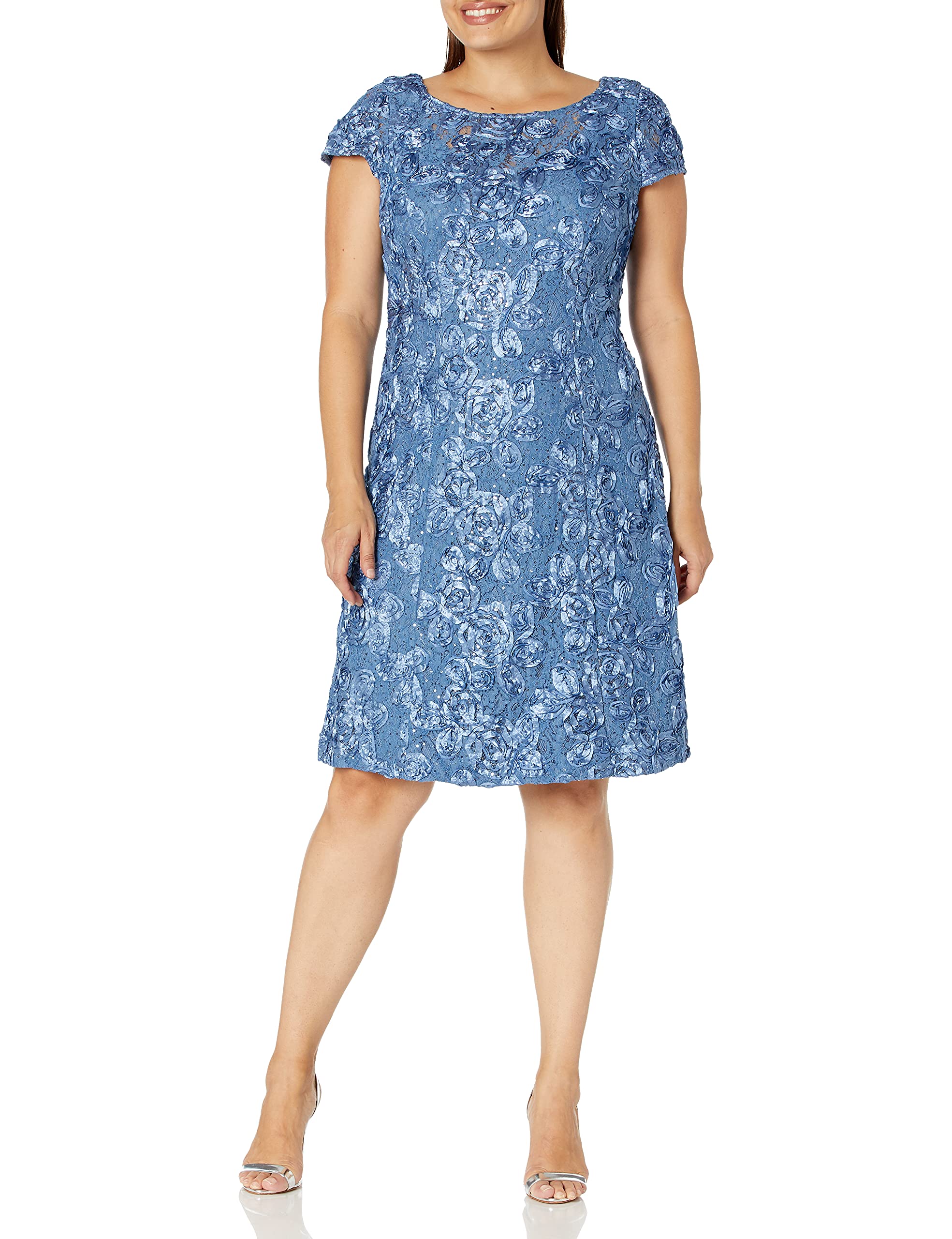 Alex Evenings Women's Plus Size Tea Length Dress with Rosette Detail - Elegant Formal Occasion & Wedding Guest Dress