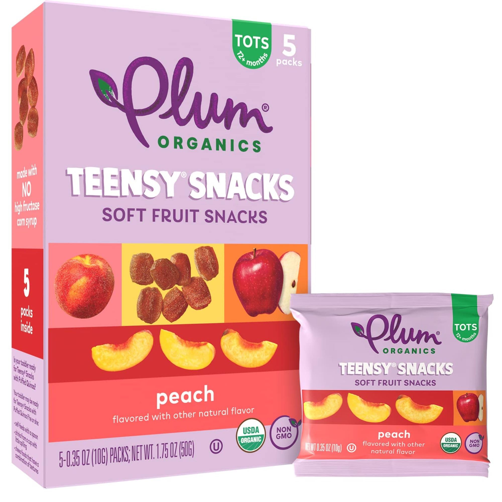Organic Plum Teensy Snacks Soft Fruit Snacks - Peach Flavor, 0.35 oz Bags (Pack of 40) - Healthy Toddler & Kids Snacks for Lunch Box, Travel, and On-the-Go Nutrition
