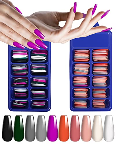 200PCS Long Coffin Press on Nails Kit - Glossy Fake Nails with Glue for Women | Professional Salon Manicure Set with Nail File & Mix Colors | Perfect for Parties, Weddings & Daily Nail Art