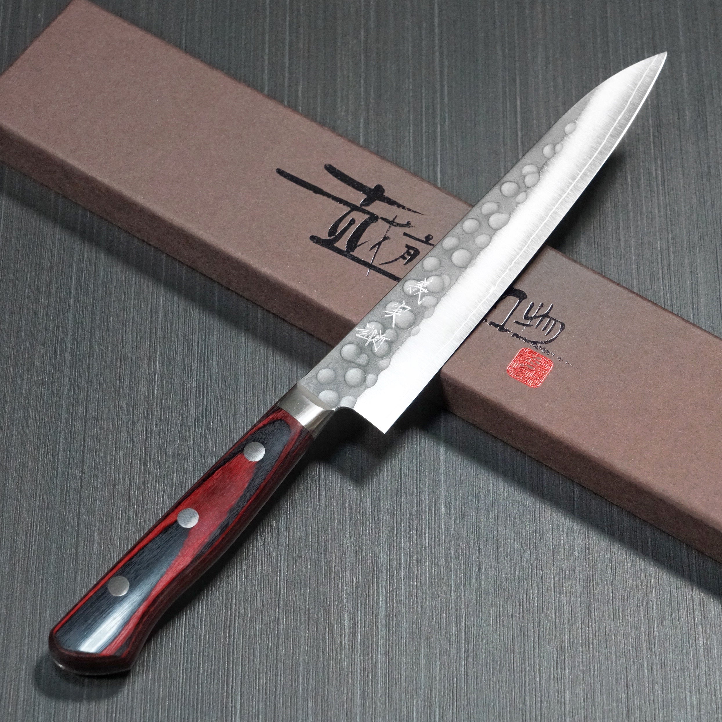 Yoshimi Kato SG2 Hammered Petty Utility Knife 150mm with Red Handle - Perfect for Slicing Fruits, Vegetables & Precision Kitchen Tasks
