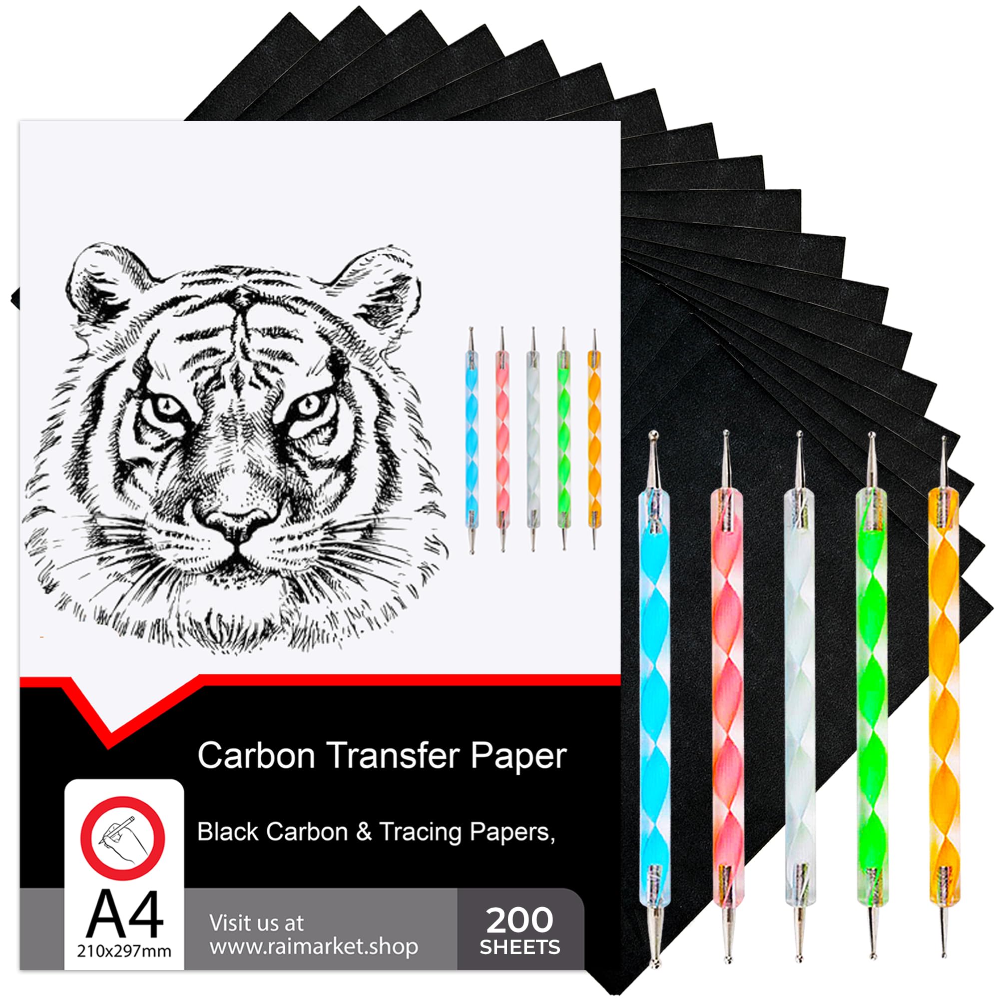 Raimarket 200 Sheets Black Carbon Paper for Tracing - A4 Size (9x13) Graphite Transfer Paper for Fabric, Wood & Canvas | Drawing, Sewing Patterns & DIY Crafts | Includes 5 Stylus Pens for Easy Tracing