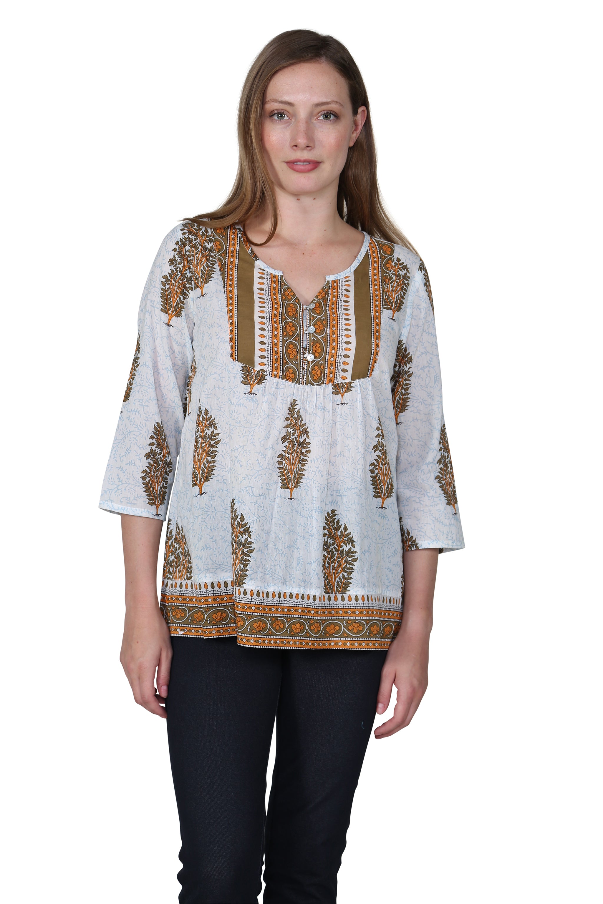Sage Green Block Print Cotton Tunic Top for Women | Bohemian Summer Blouse | Perfect for Beach, Vacation & Casual Outings