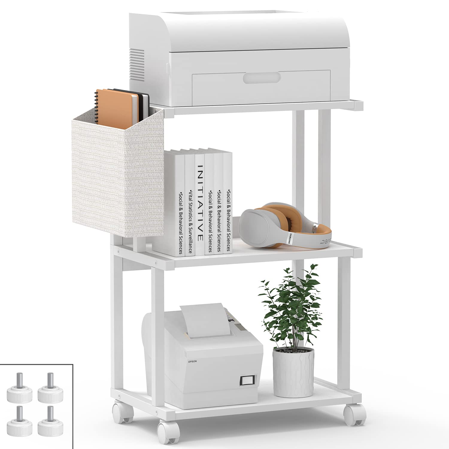 Ostreeful 3 Tier Printer Stand - Modern White Wooden Mobile Printer Shelf with Storage, Home Office Desk Organizer for Printer, Scanner & Supplies | Perfect for Small Spaces in Office, Bedroom or Kitchen