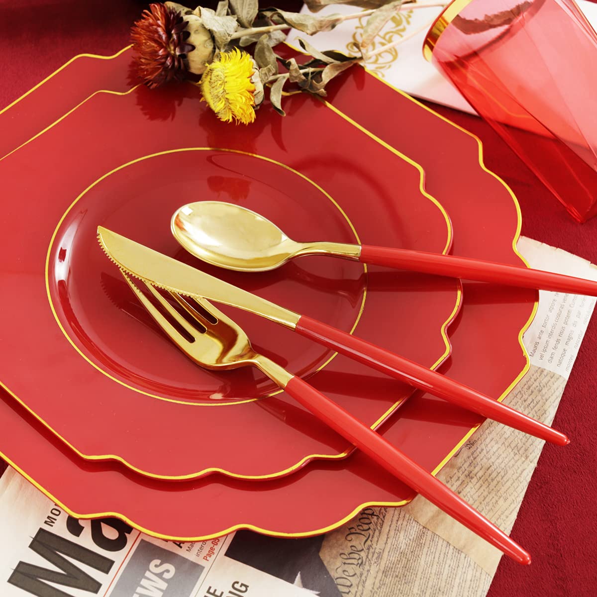 140-Piece Red and Gold Disposable Party Tableware Set - 40 Plastic Plates, 20 Cups, 20 Forks, 20 Knives, 20 Spoons & 20 Napkins for Weddings, Birthdays, Baby Showers & Holiday Gatherings - Elegant Dinnerware for Special Occasions
