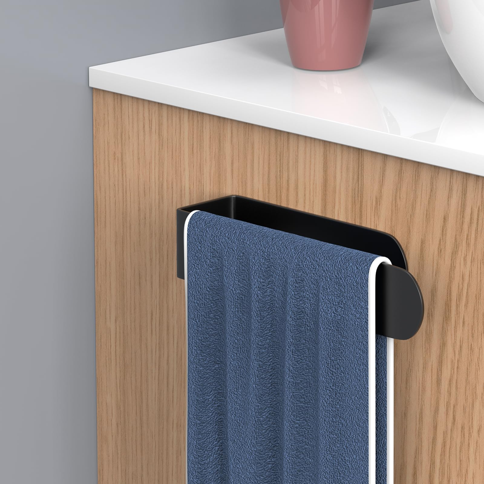 HUFEEOH Black Stainless Steel Self-Adhesive Hand Towel Holder - Wall Mount Bathroom Towel Bar for Kitchen, Bath & Dorm - No Drill Easy Installation