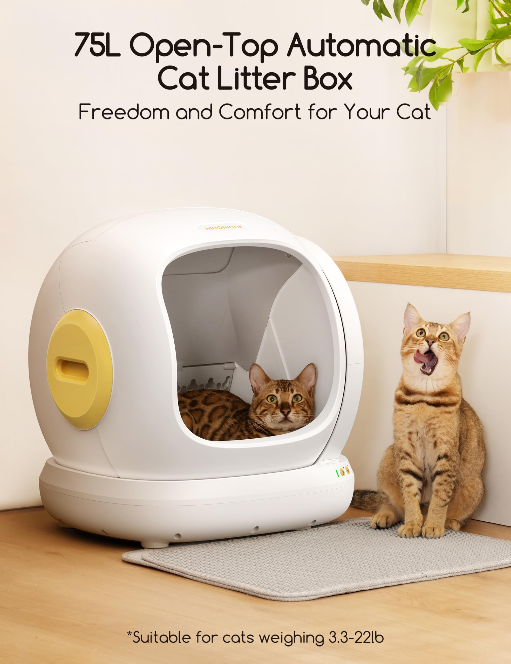 MeoWant Self-Cleaning Cat Litter Box - Open Top Automatic Litter Box with Safety Protection & App Control | Odor-Free Solution for Multiple Cats | Perfect for Smart Homes & Busy Pet Owners