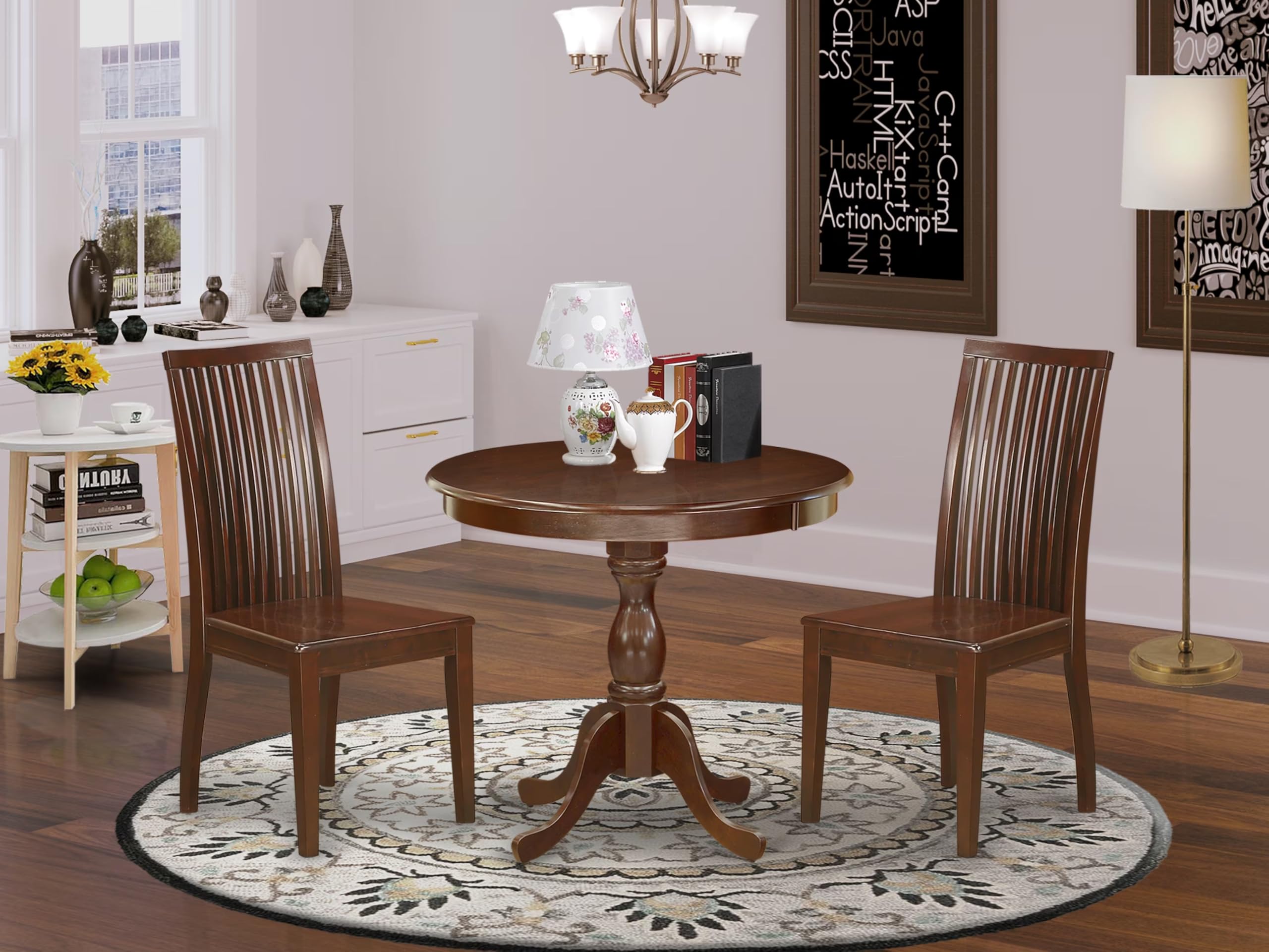 East West Furniture AMIP3-MAH-W 3-Piece Round Dining Table Set with Pedestal Base & 2 Chairs - 36x36 Inch Mahogany - Perfect for Small Kitchens, Apartments & Breakfast Nooks