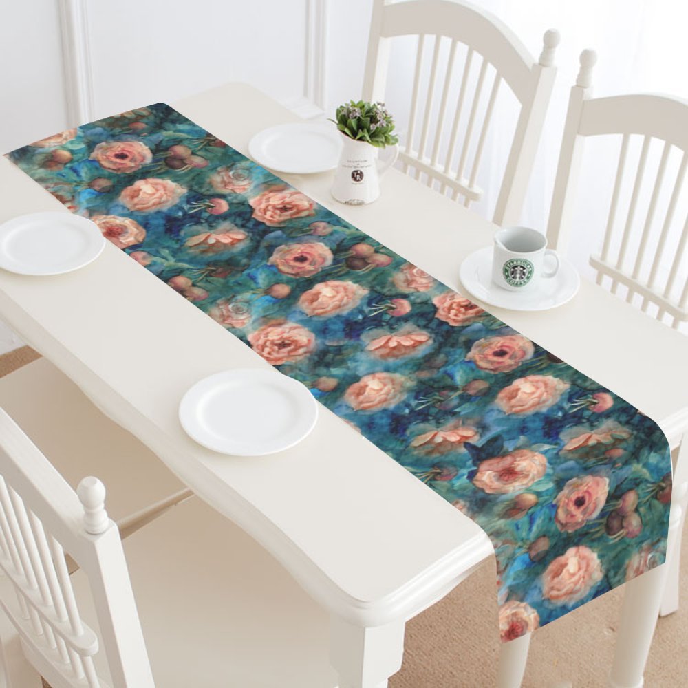 Blooming Rose Flower Table Runner - 14x72 Inch Polyester Placemat for Dining Table, Kitchen, Office & Wedding Decor - Elegant Rose Hips Design Home Tablecloth for Parties, Holidays & Special Occasions