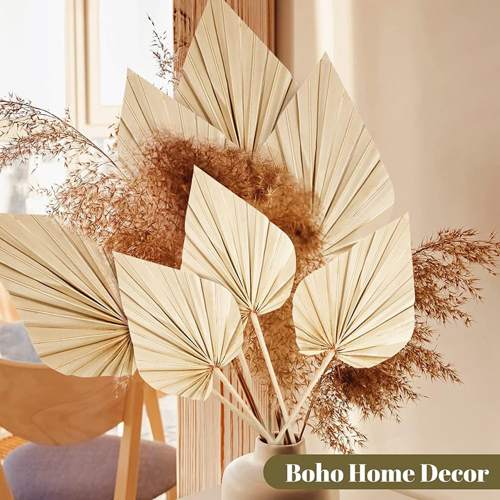 20Pcs Boho Dried Palm Spears Leaves - Natural Small Dried Palm Fans with Stems for Home Decor, Wedding Centerpieces, Vase Fillers and Tropical Themed Party Decorations
