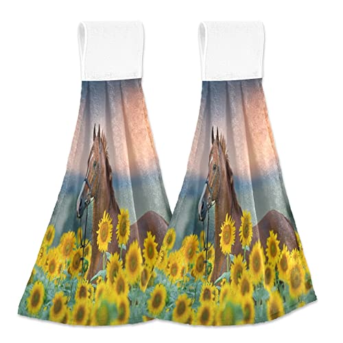 Sunflower Field & Red Stallion Horse Print Kitchen Towels Set of 2 - Super Absorbent Oven Mitts, Dishcloths with Hanging Loop - Perfect for Bathroom, Tea Bar, Dish Drying & Tabletop Decor