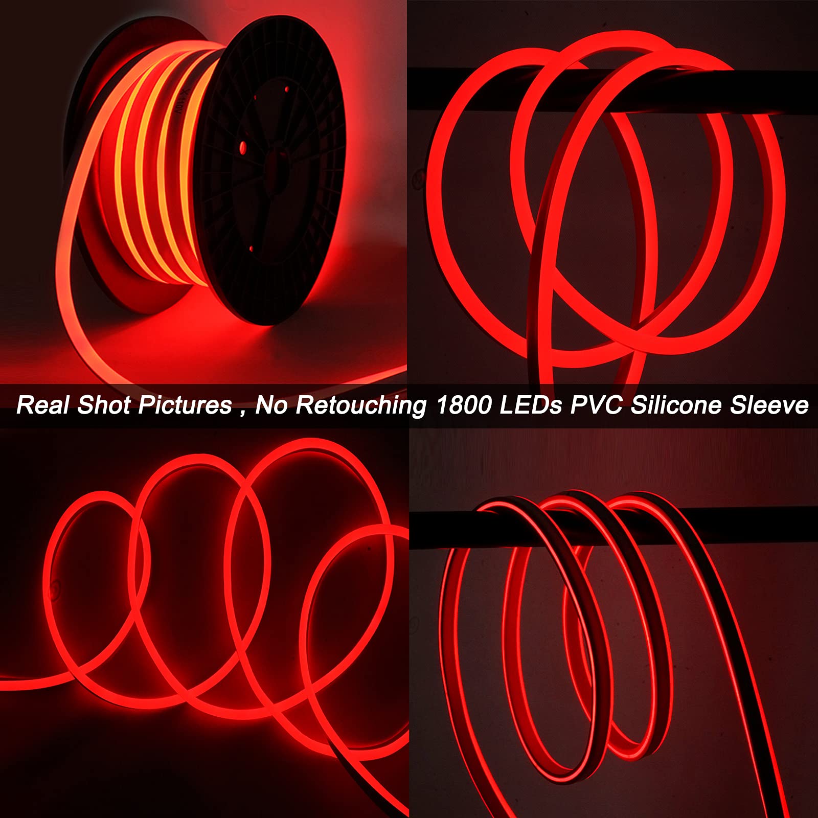 SURNIE 50ft Waterproof LED Strip Lights - Flexible Red Rope Lights for Indoor & Outdoor Use, 110V Cuttable & Connectable Neon Lights - Perfect for Room Decor, Festival Lighting, Commercial Buildings, and DIY Projects