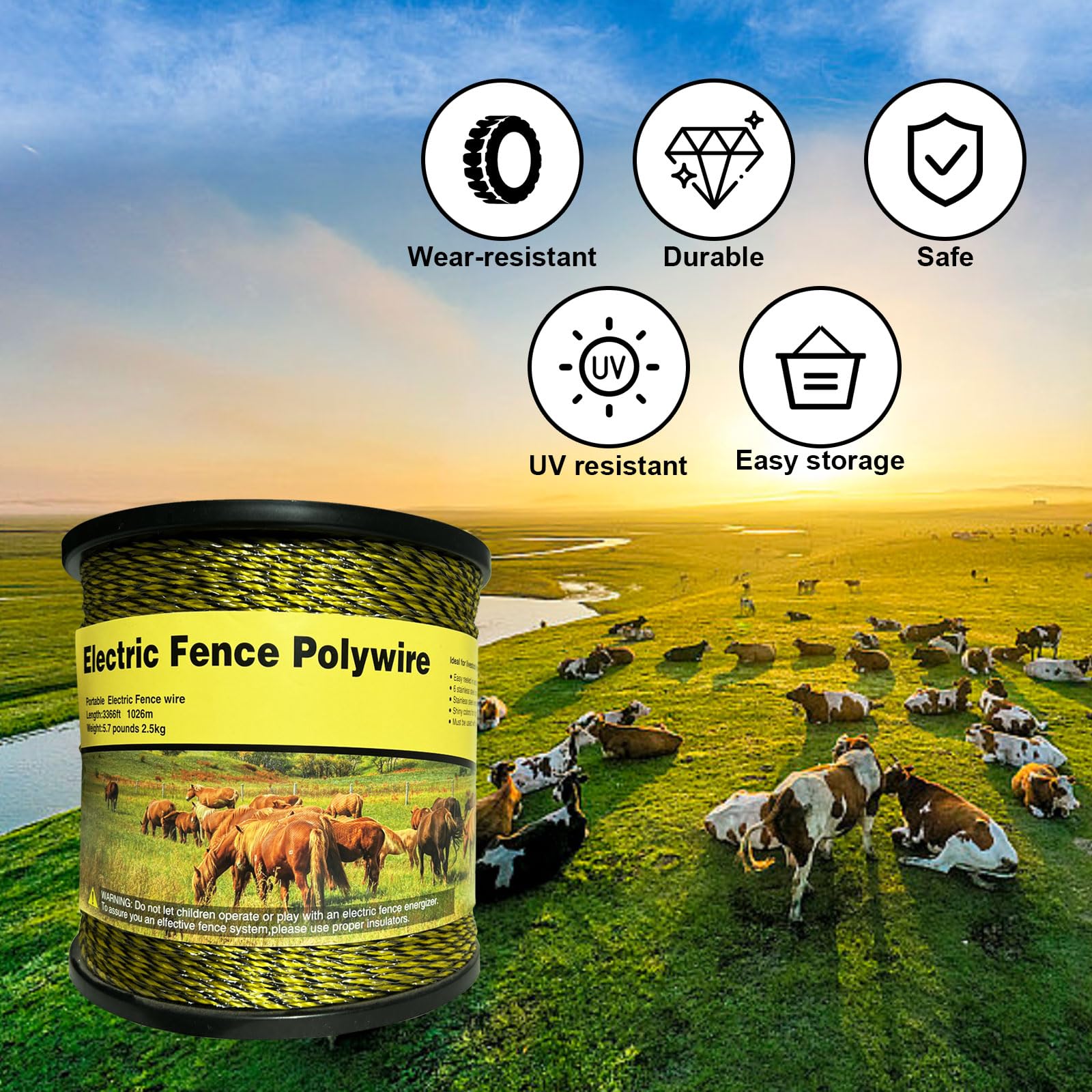 Upgraded Electric Fence Polywire - 3366 ft (1026 m) 1/8
