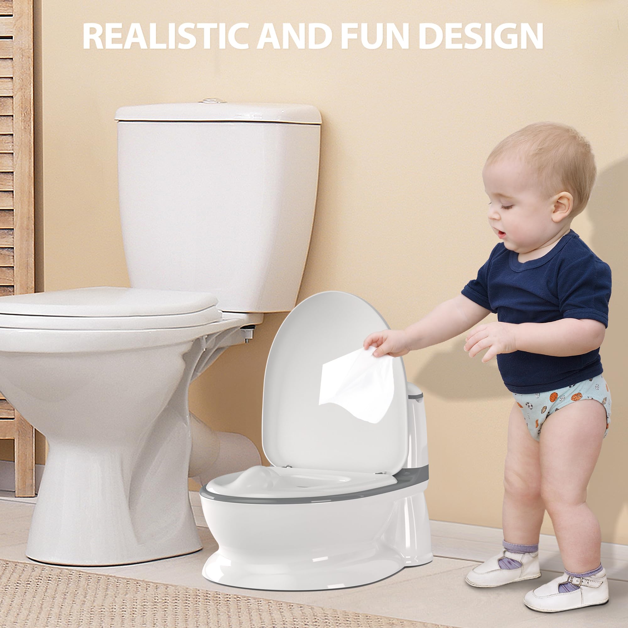 **Real Feel Potty Training Toilet for Toddlers - Boys & Girls Potty Seat with Wipes Storage, Flush Sound & Magic Stickers - Easy Clean Disposable Liners - Quick Assembly for Home & Travel Use**
