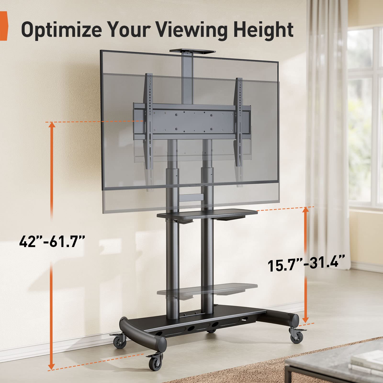Perlegear Mobile TV Stand for 55-90 Inch TVs - Adjustable Rolling TV Cart with Wheels for Flat/Curved Screens up to 200 lbs - Includes Camera Shelf & Supports VESA 800x500mm (Model PGTVMC07) - Perfect for Living Rooms, Bedrooms, and Home Theaters