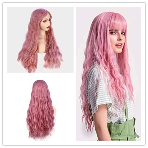 28 Inch Long Wavy Pink Synthetic Wig for Women - Soft, Heat Resistant & Fluffy with Air Bangs | Perfect for Halloween, Cosplay, Parties & Costume Events (Pink)