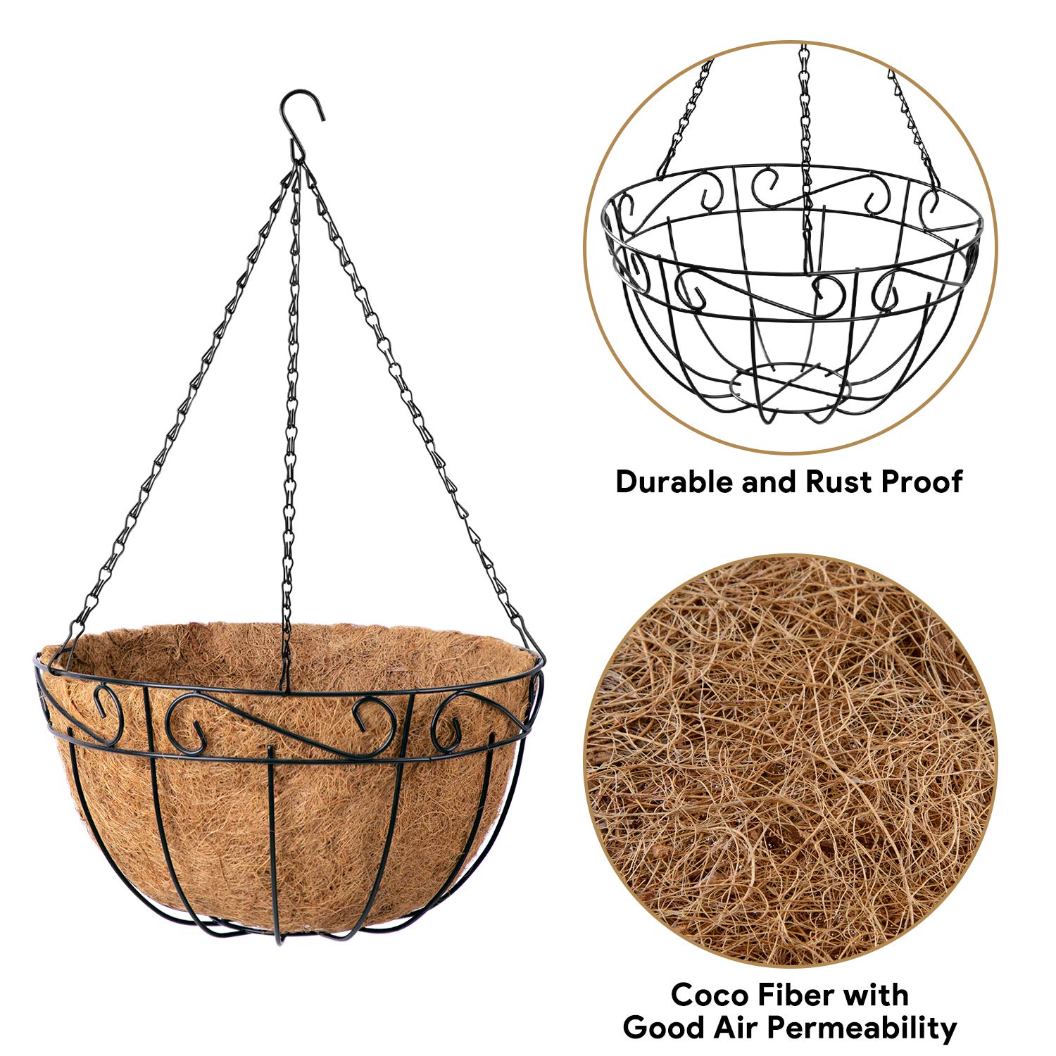 AMAGABELI GARDEN & HOME 4 Pack 14 Inch Metal Round Hanging Planter Baskets with Coco Fiber Liners - Indoor Outdoor Flower Pots for Vegetables, Herbs, Succulents - Perfect for Garden, Home, Porch, Balcony Decor and Vertical Gardening