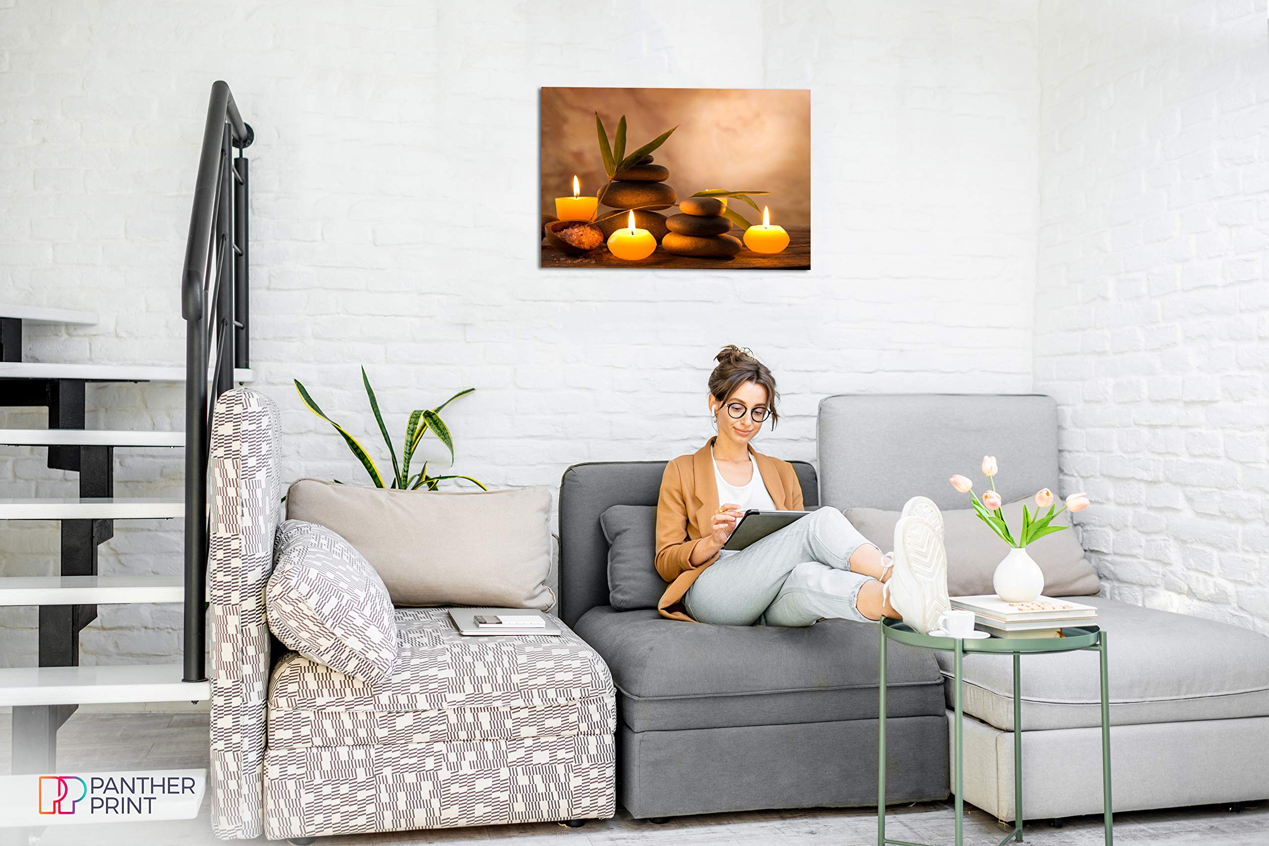 Panther Print Canvas Wall Art - Framed Pictures for Bathroom Decor, Aromatic Candles & Zen Stones - 36x24 Inch Jungle Theme Home Decor for Living Room, Bedroom, or Office