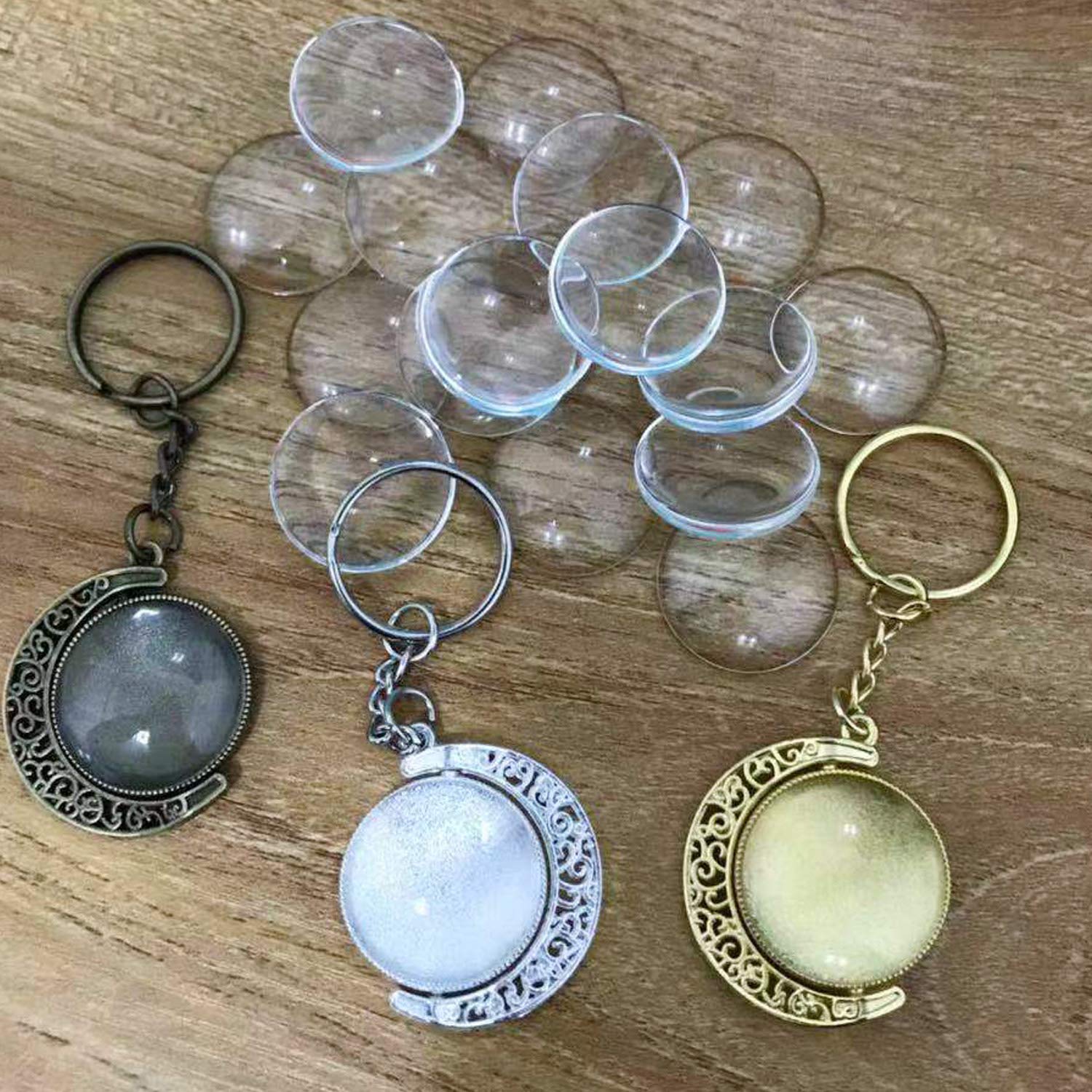 36 PCS Pendant Trays Kit for Jewelry Making - 25mm Moon Rotation Double Side Round Blank Bezel Pendant Trays (9PCS), Clear Glass Dome Tiles (18PCS) & Pendant Buckles (9PCS) - DIY Craft Supplies for Necklaces, Earrings, Charms & Handmade Jewelry Accessories