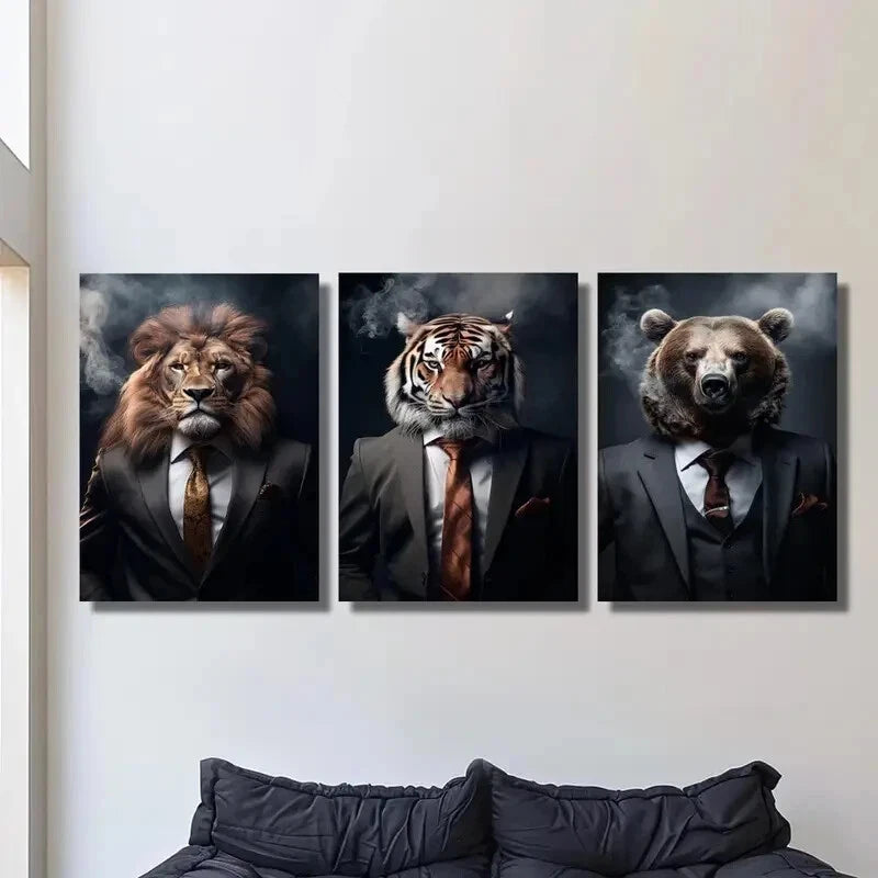 3-Piece Modern Animal Businessmen Metal Wall Art Prints - Ready to Hang Office Decor for Home & Workplace (12x16 Inch)