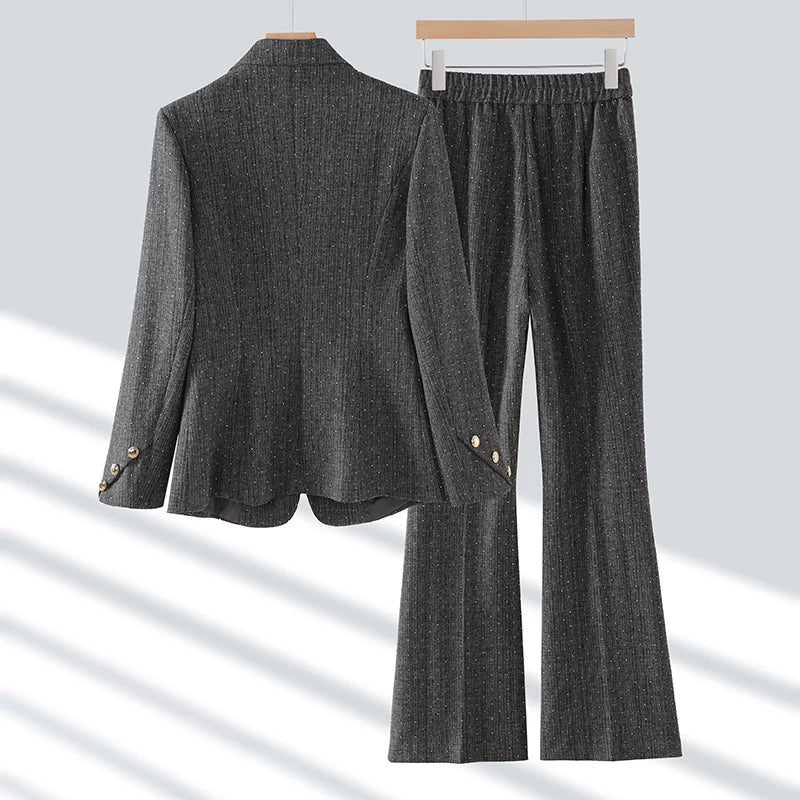 2024 Women's Gray Two-Piece Office Suit Set - Single Button Diamond Blazer & High Waist Wide Leg Pants | Fall Winter Workwear, Business Formal Attire, Professional Outfits for Women