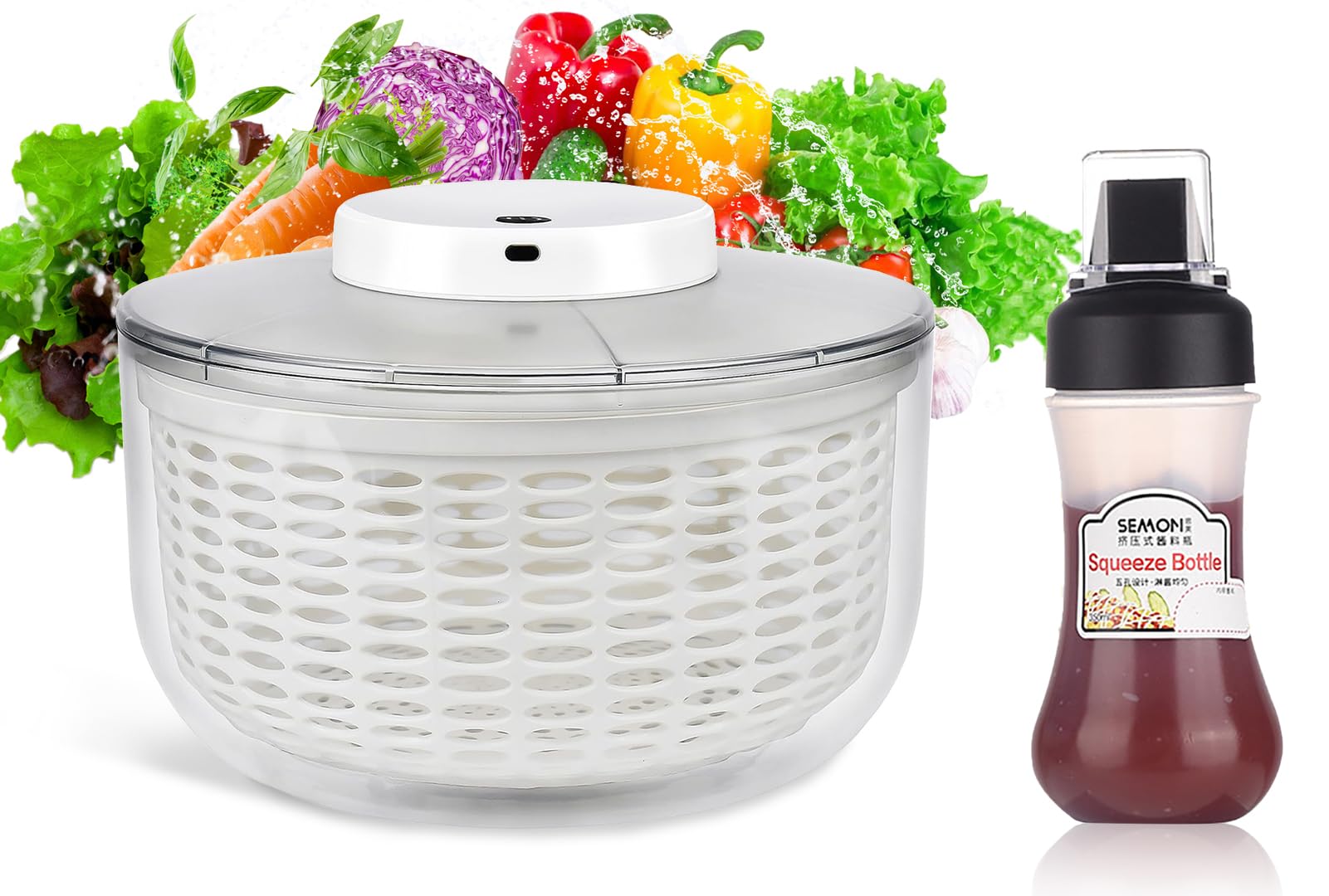 6.3 Qt Electric Salad Spinner with 350ml Squeeze Bottle - Large Lettuce Dryer, Salad Mixer & Fruit Washer - Spin & Dry Greens, Fruits, Vegetables - Compact Kitchen Tool (White) - Perfect for Healthy Meal Prep, Quick Salad Making & Fresh Produce Cleaning