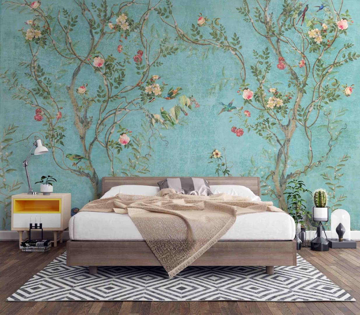 Chinoiserie Floral Bird Wallpaper with Turquoise Background - Self-Adhesive Peel and Stick Removable Wallpaper - 67