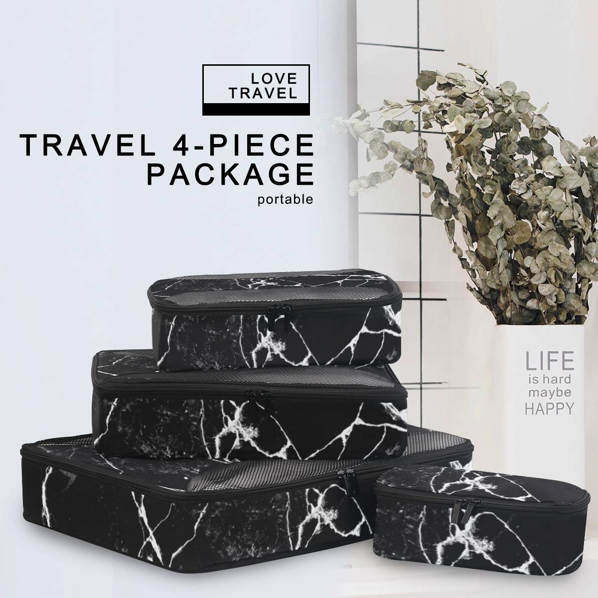 4-Piece Travel Packing Cubes Set - Black Marble Luggage Organizers for Men & Women | Perfect for Carry-On Bags, Suitcases & Backpacking Trips