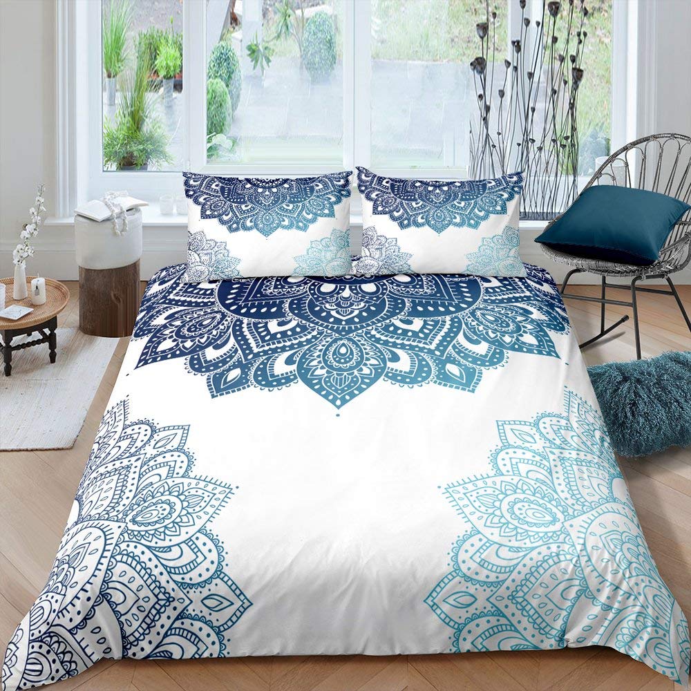 Bohemian Blue Mandala Duvet Cover Twin Size - Tie Dye Floral Comforter Cover for Kids, Teens & Dorm Rooms | Tribal Gypsy Bedding Set for Boys & Girls | Perfect for Boho Chic Bedroom Decor & College Dorm Essentials