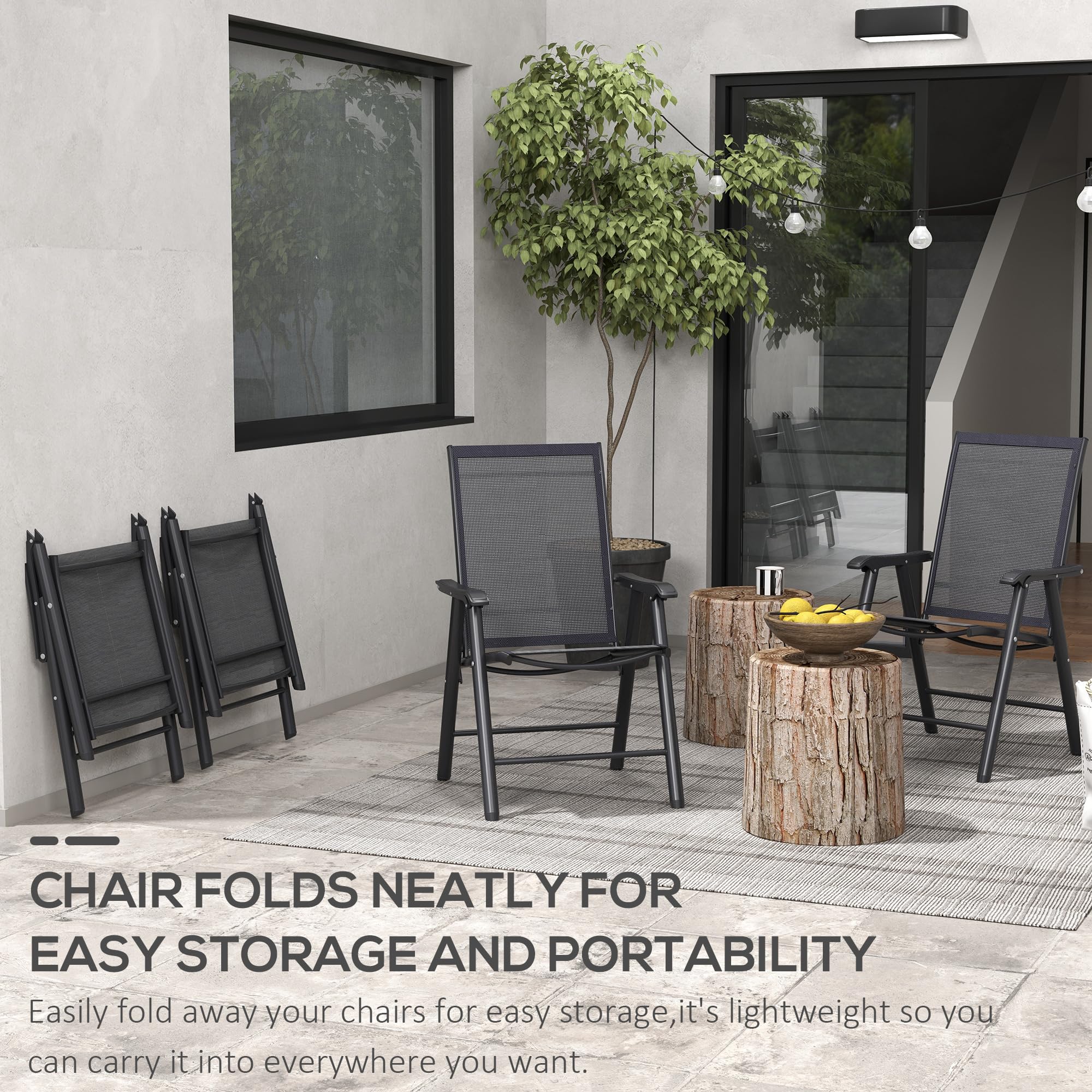 Outsunny 4-Piece Stackable Folding Patio Chairs Set - Black Metal Frame Outdoor Dining Chairs with Armrests for Lawn, Camping, Beach & Backyard - No Assembly Required | Perfect for BBQs, Poolside Lounging & Garden Parties