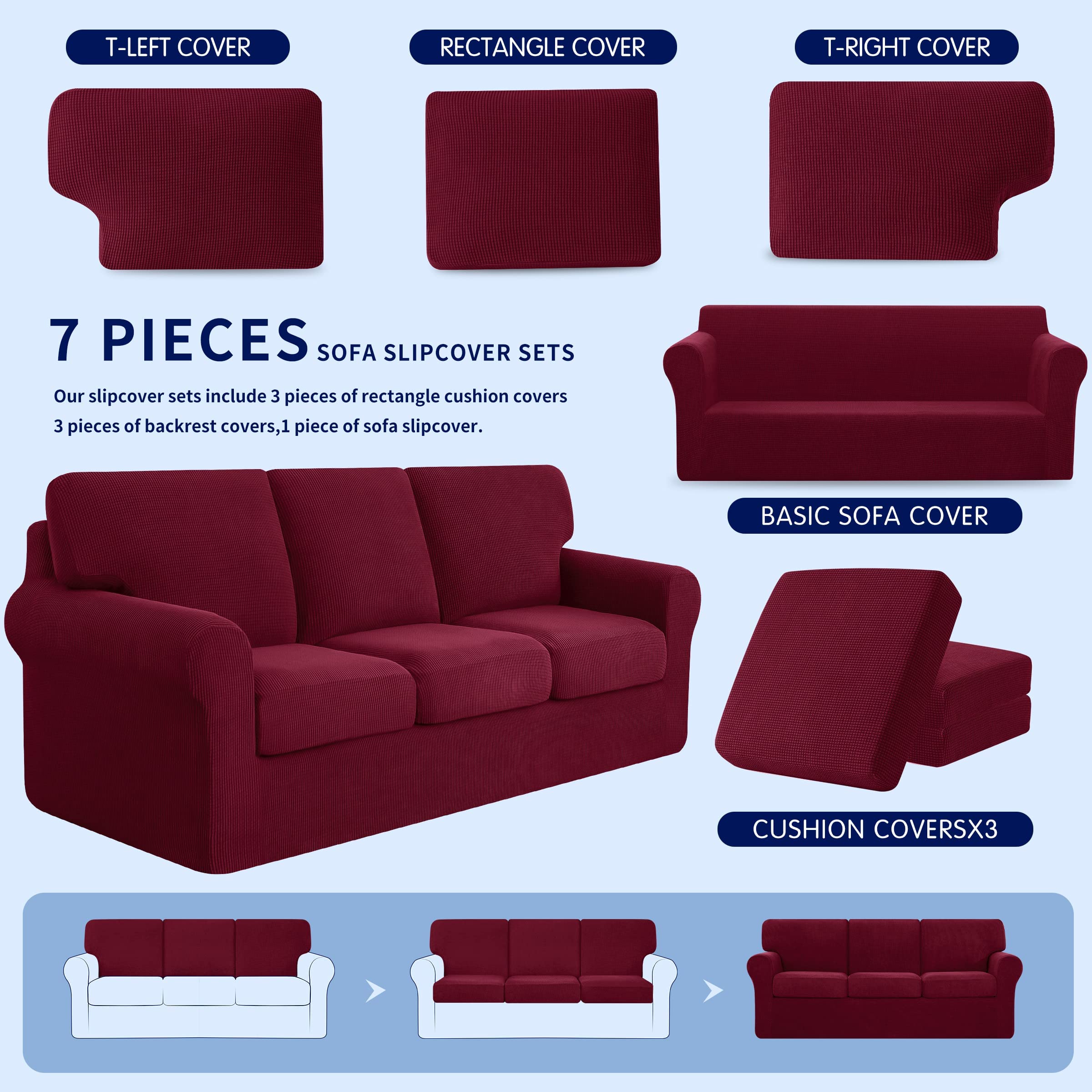 SUBRTEX 3-Piece Armchair Cover & 7-Piece Sofa Slipcover Set - Stretchable Couch Covers with Separate Backrest & Cushion Covers for Living Room (Small/Large, Wine Red) - Perfect for Home Decor, Furniture Protection & Pet-Friendly Households