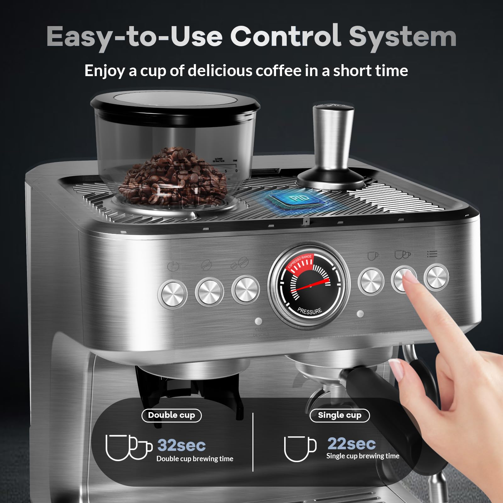Professional 20 Bar Stainless Steel Espresso Coffee Machine with Built-in Grinder & Milk Frother - 2.8L Water Tank for Barista-Quality Espresso, Latte & Cappuccino - Perfect for Home Coffee Shops & Office Break Rooms (Silver)