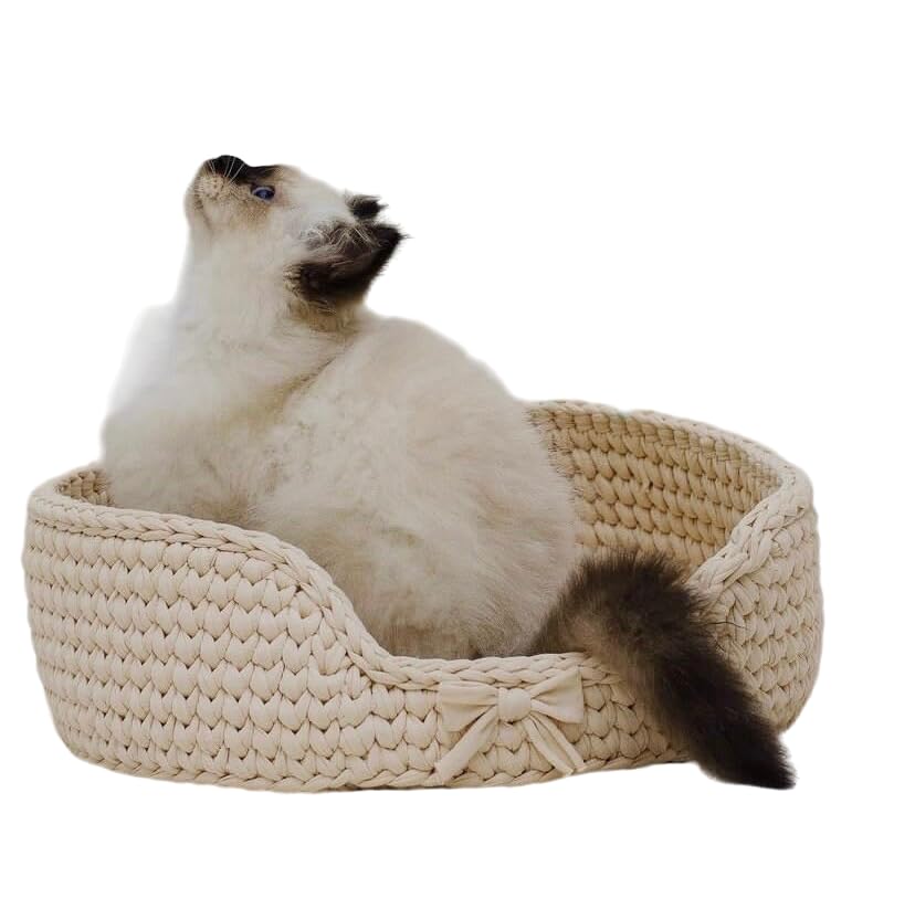 Hand-Knitted Round Cat Basket Bed - Cozy Pet Bed for Cats & Small Dogs - 35x15cm Beige Cat Cave, Nap Basket & Gift for Pet Lovers - Perfect for Lounging, Napping & Indoor Comfort