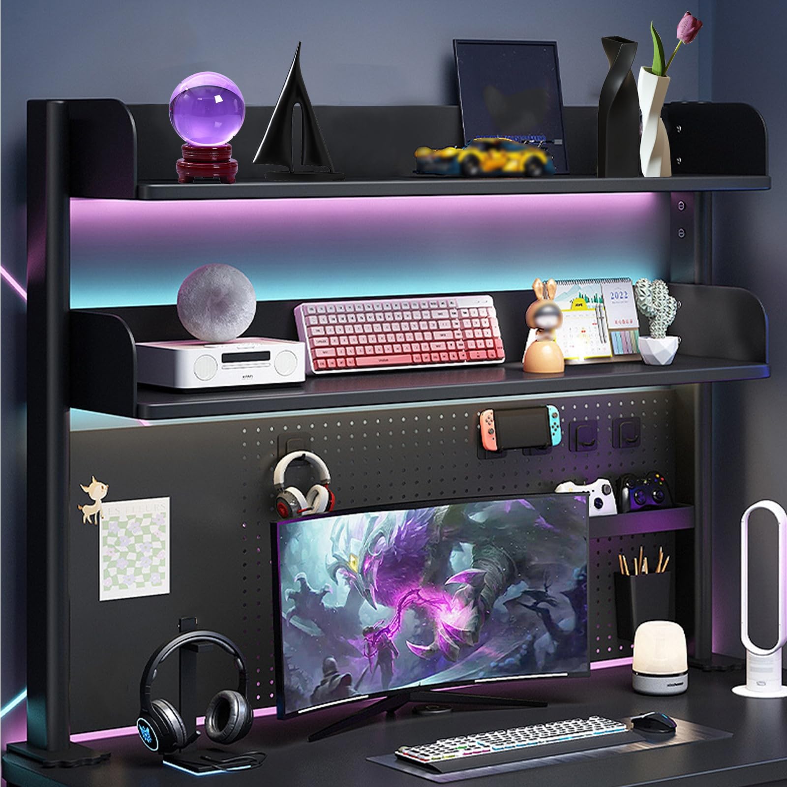 Black Clamp-On Desk Organizer Shelf - 23.6 Inch Adjustable Desk Extender with Pegboard for Office & Gaming Setup - Computer Desk Accessories for Workspace Organization - Perfect for Home Office, Study Room & Gaming Station (60cm/23.6in)