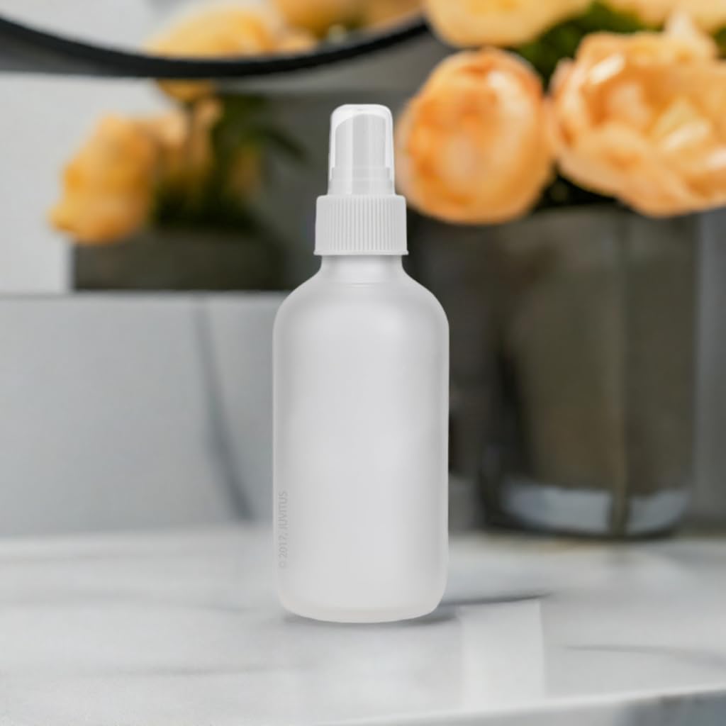 JUVITUS 4 oz Frosted Clear Glass Boston Round Bottle with White Fine Mist Sprayer (4 Pack) + Funnel - Perfect for Essential Oils, DIY Beauty Products & Travel Toiletries
