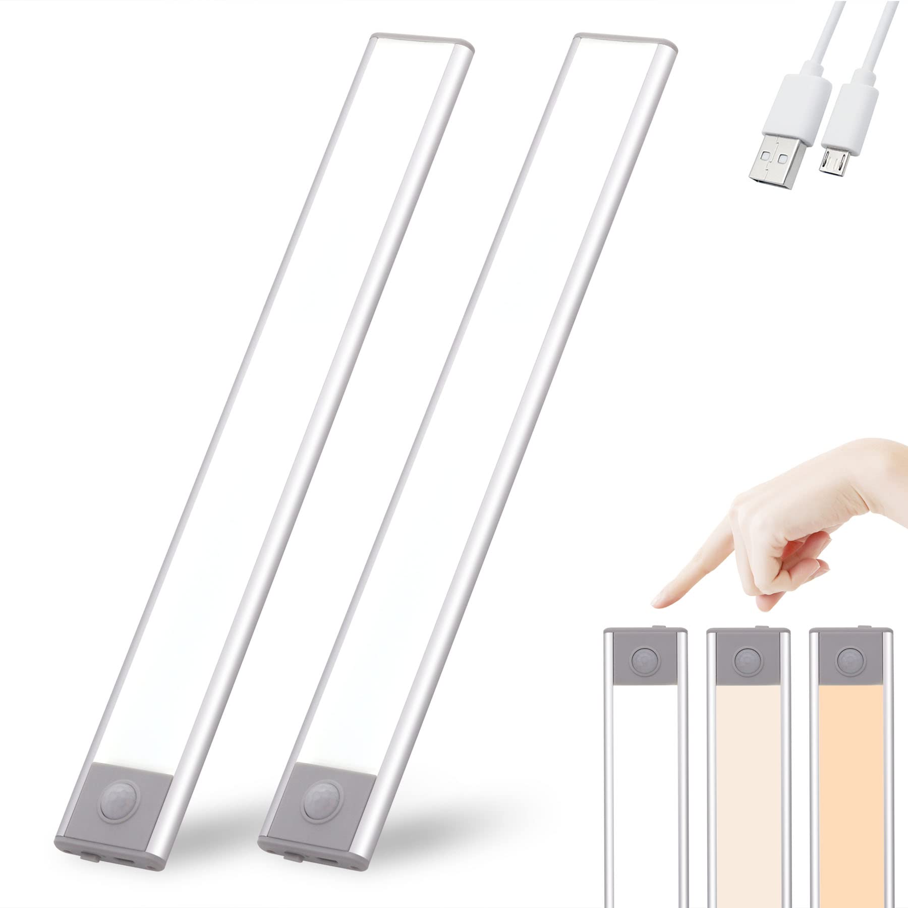 Rechargeable Motion Sensor LED Cabinet Light - Wireless USB Under Counter Closet Lighting, Magnetic Stick-On Night Light Bar for Wardrobe, Kitchen, Stairs (2 Pack, 12.01inch 51LED) - Perfect for Dark Spaces & Nighttime Safety