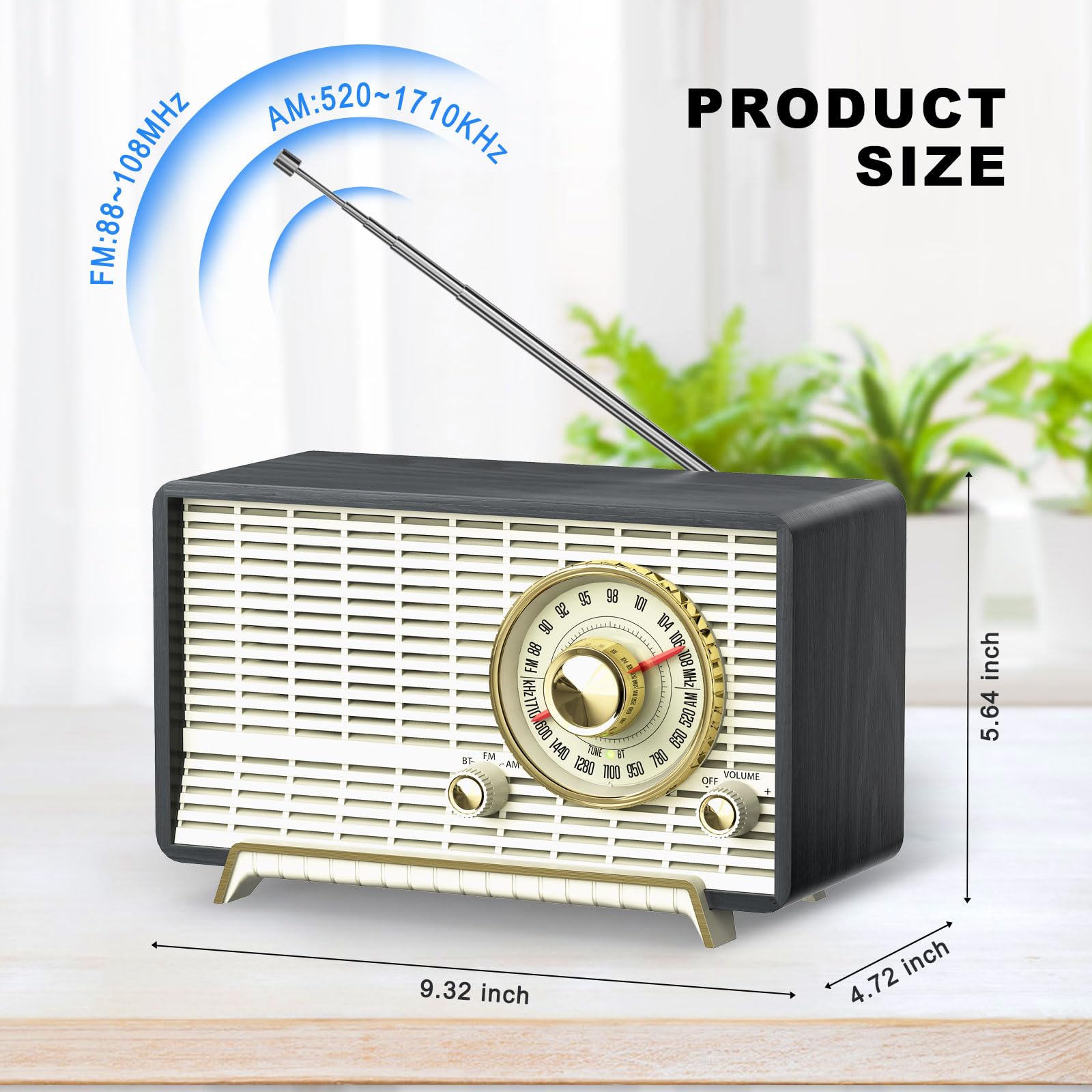 Vintage Wooden AM/FM Radio with Bluetooth Speakers - Classic Retro Table Radio with Rotary Knob, Plug-in Wall Power - Perfect for Home, Office, Bedroom & Kitchen Use